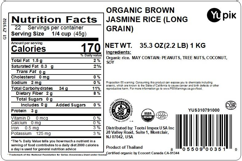 Yupik Yupik Organic Brown Jasmine Rice, Long Grains, 2.2 lb, Gluten-Free, Non-GMO, Vegan, Kosher, Whole Grains, Wheat-Free, Salt-Free, Source of Fiber, Ideal for Recipes, Side Dishes, Salads & More