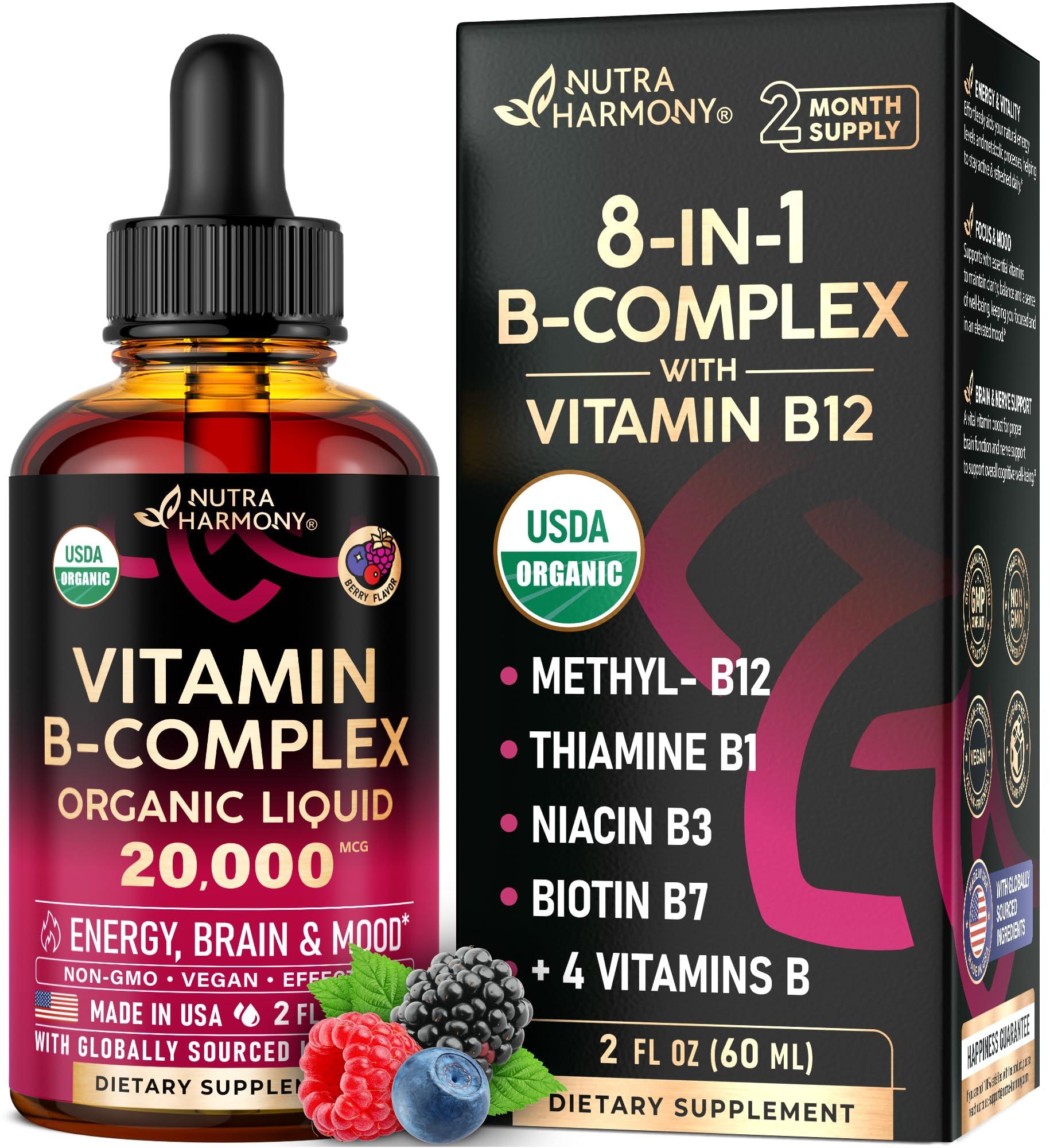 NUTRAHARMONY USDA Organic Vitamin B-Complex B5 Pantothenic Acid | B12 Methylcobalamin | B1 Thiamine | B6 Pyridoxine | B7 Biotin | B9 Folic | B3 Niacinamide - B Complex Liquid Drops, Made in USA Supplement, 2fl oz