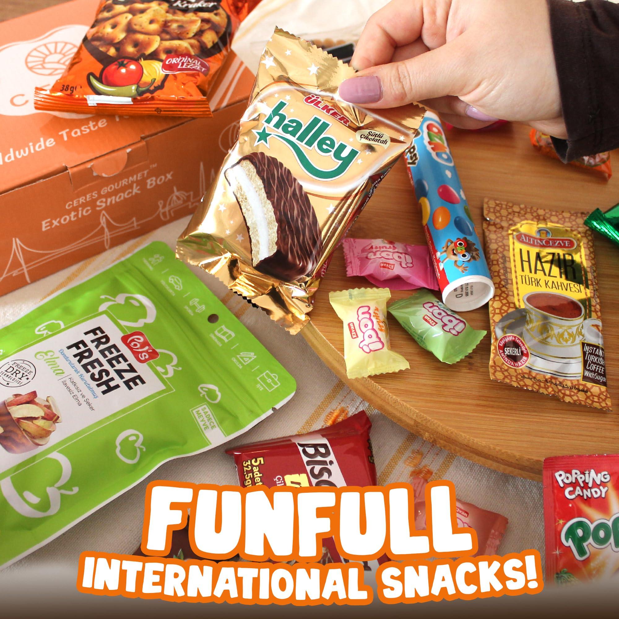 Ceres Gourmet International Snack Box Variety Pack, 12 Different Snacks with 15+ Pieces Count Premium Foreign Rare Snacks and Candies, Sweet & Sour Candy Pack for Christmas Thanksgiving or More
