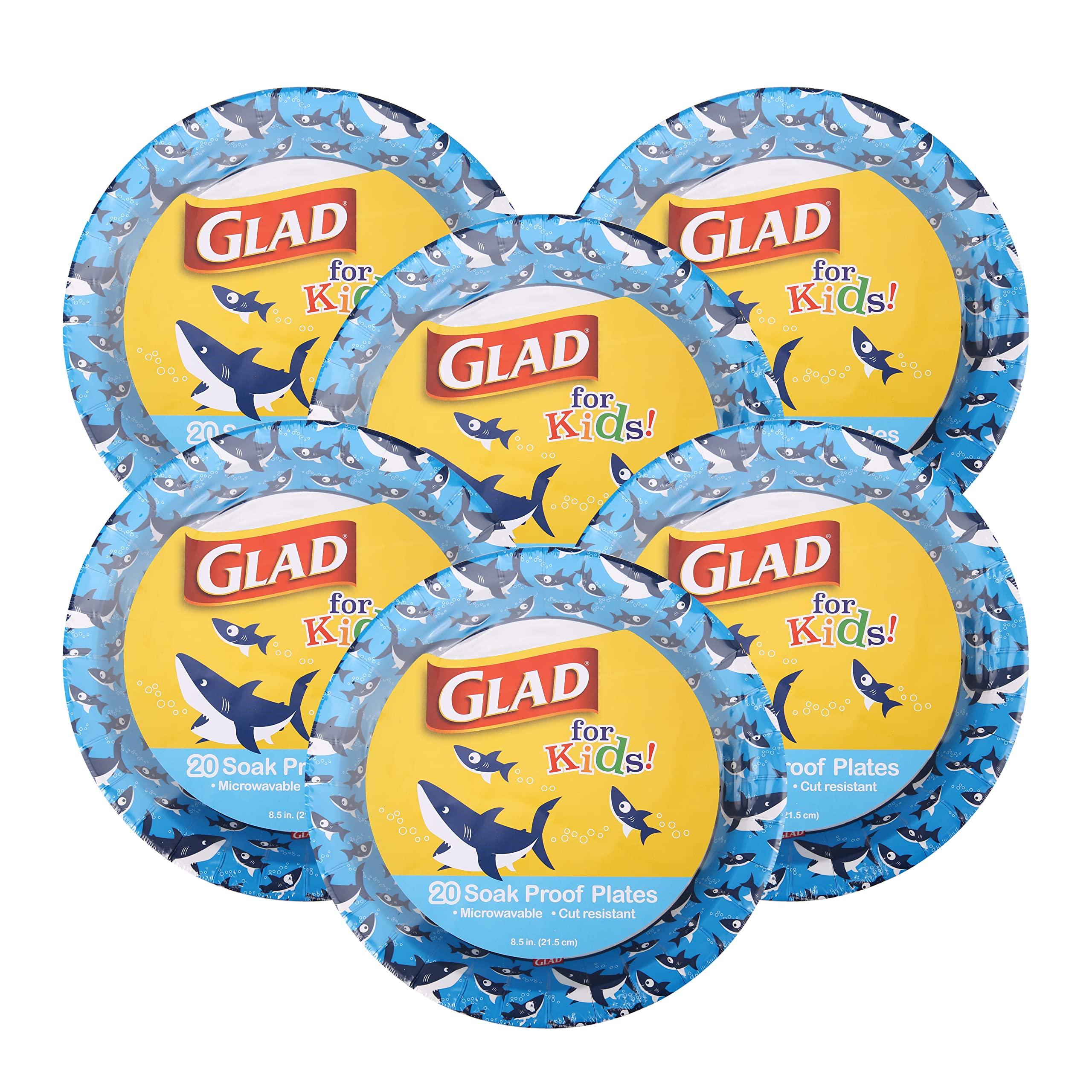 Glad Glad for Kids Shark Paper Plates, 20 Count - 6 Pack | Small Round Paper Plates With Cute Sharks for Kids | Heavy Duty Disposable Soak Proof Microwavable Paper Plates for All Occasions, 8.5 Inch