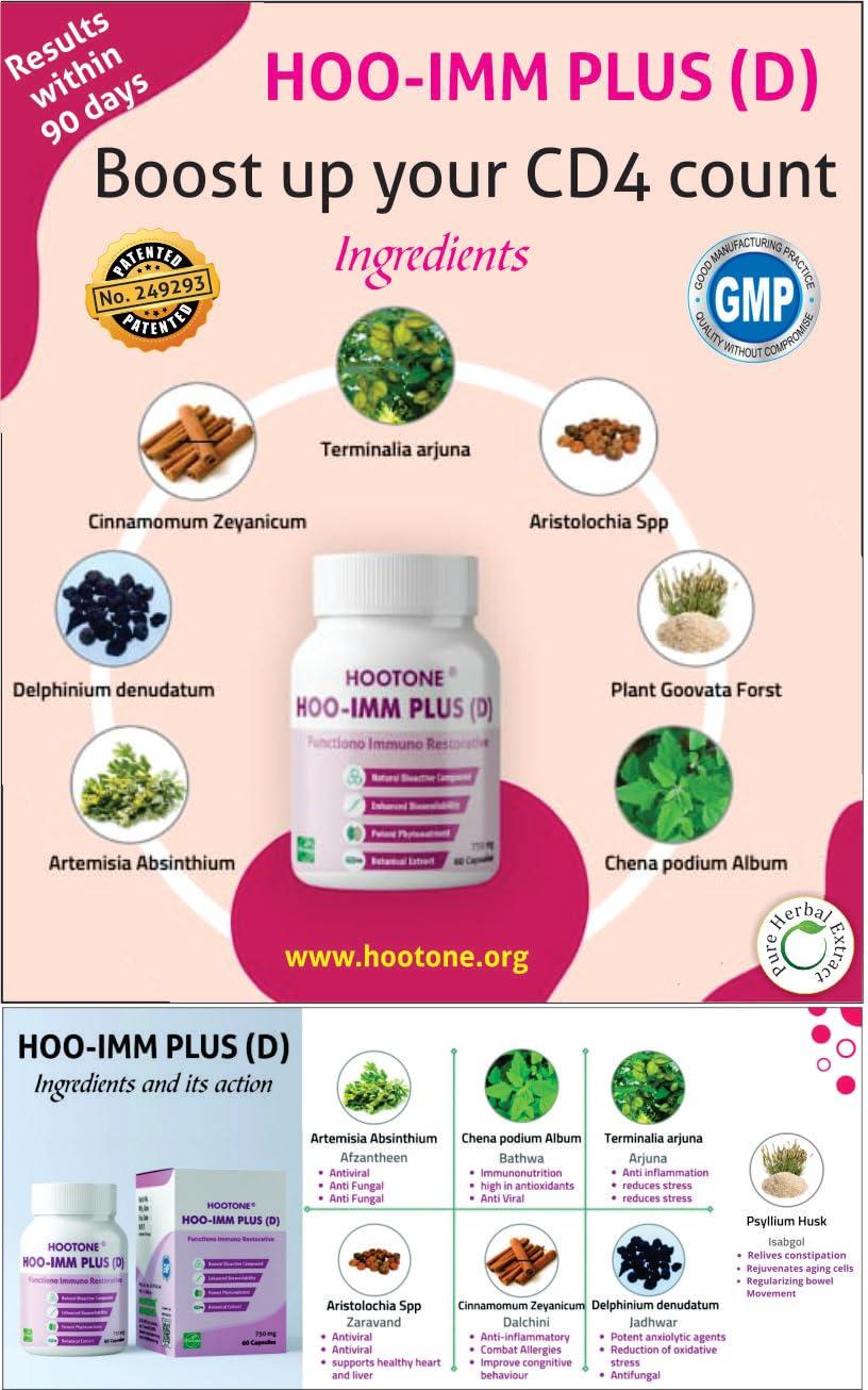 HOOTONE HOO-IMM Plus (D) Capsules - Natural, Non-GMO Immune Support Supplement to Boost CD4 Count - 60 Capsules, 1 HOO-IMM Plus D Per/Serving