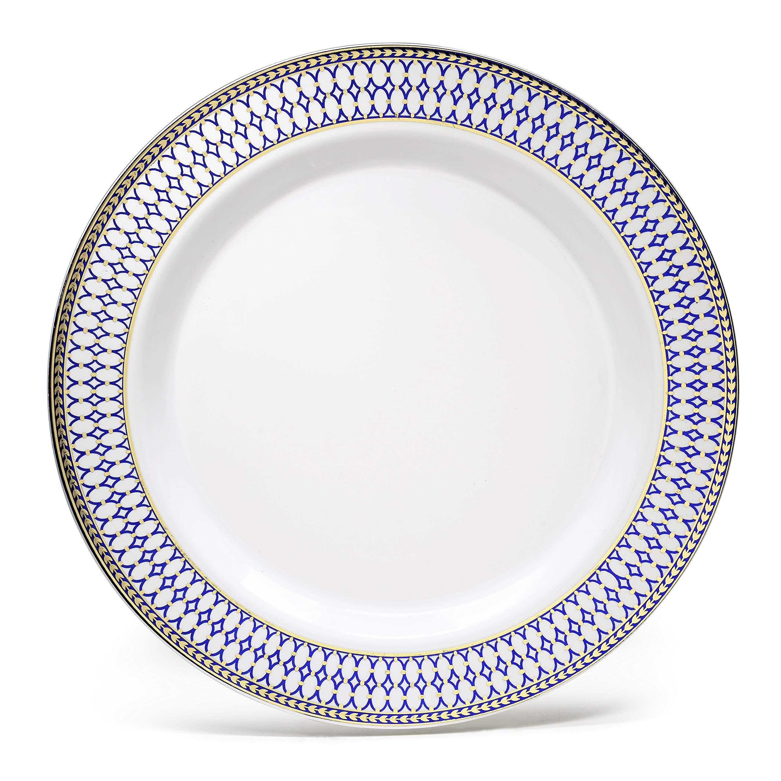 OCCASIONS FINEST PLASTIC TABLEWARE " OCCASIONS " 60 Plates Pack, Heavyweight Disposable Wedding Party Plastic Plates (7.5'' Appetizer/Dessert Plate, Odyssey in White/Blue & Gold)