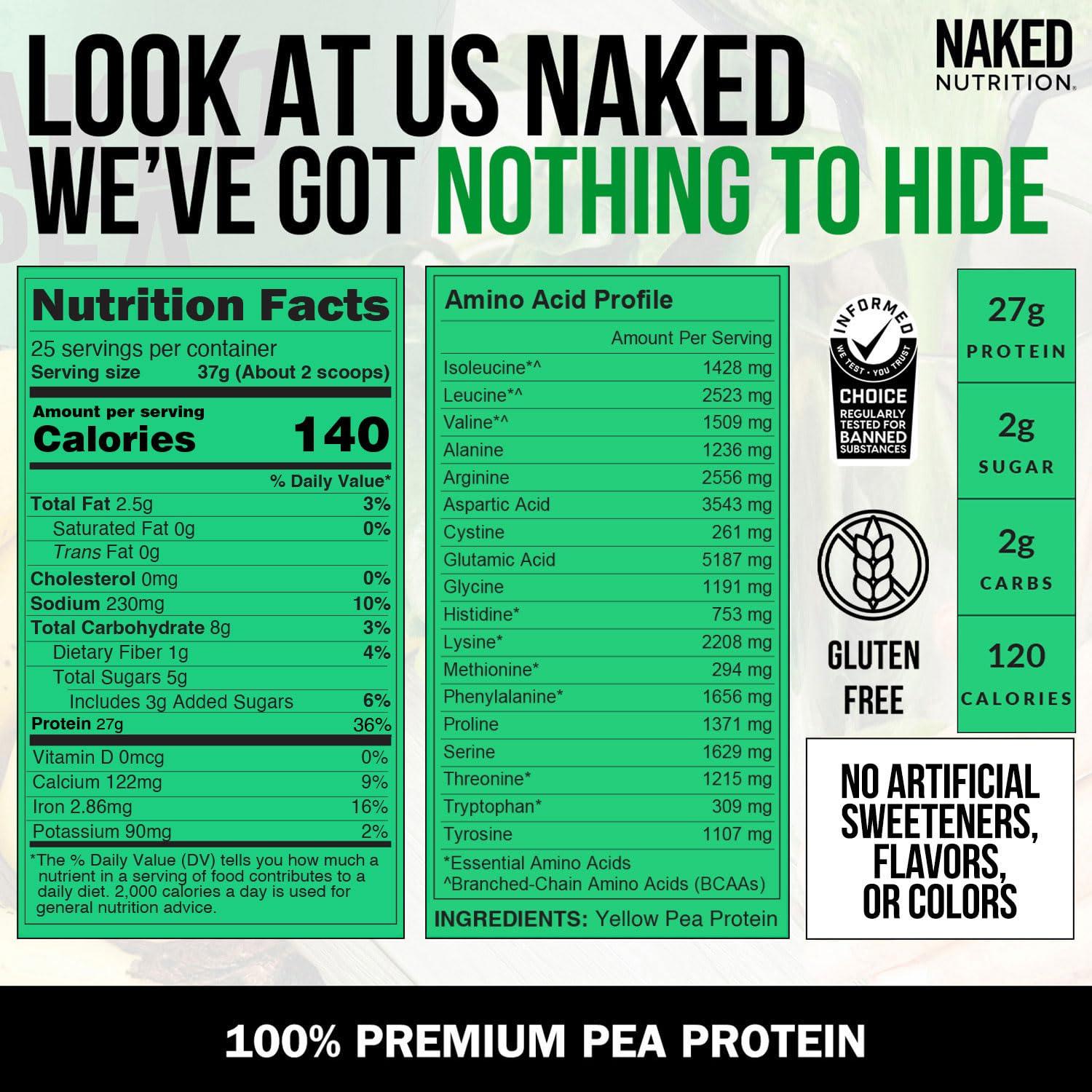 NAKED NAKED Pea - 2LB 100% Pea Protein Powder from North American Farms - Unflavored Vegan Pea Protein Isolate - Plant Protein Powder, Easy to Digest - 30 Servings