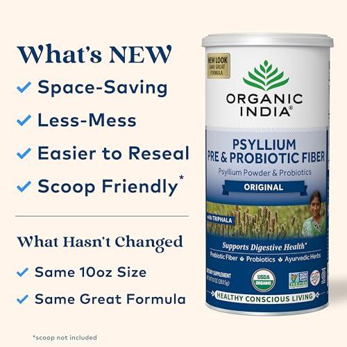 ORGANIC INDIA ORGANIC INDIA Psyllium Husk Powder - Pre & Probiotic Fiber Supplement, Organic Psyllium Husk Fiber Supplement, Whole Psyllium Husk Powder Unflavored, Dietary Fiber, USDA Organic, Gluten Free - 10 Oz