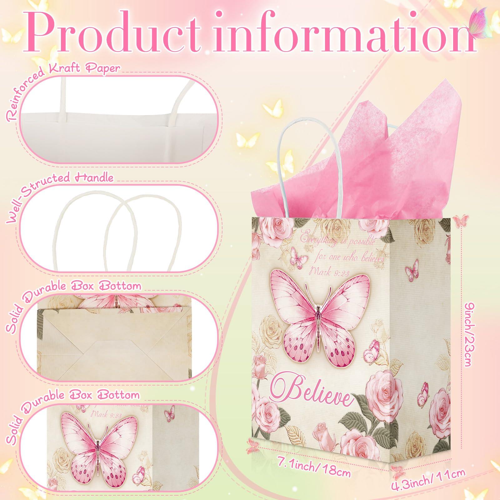 Qeeenar Qeeenar 72 Sets Christian Gift Bags Bulk Butterfly Goodie Bags Mother\'s Day Gift for Church Ladies Religious Gift Bags with Blessing Cards Tissue Paper Bible Verse Christian Baptism Bags for Women