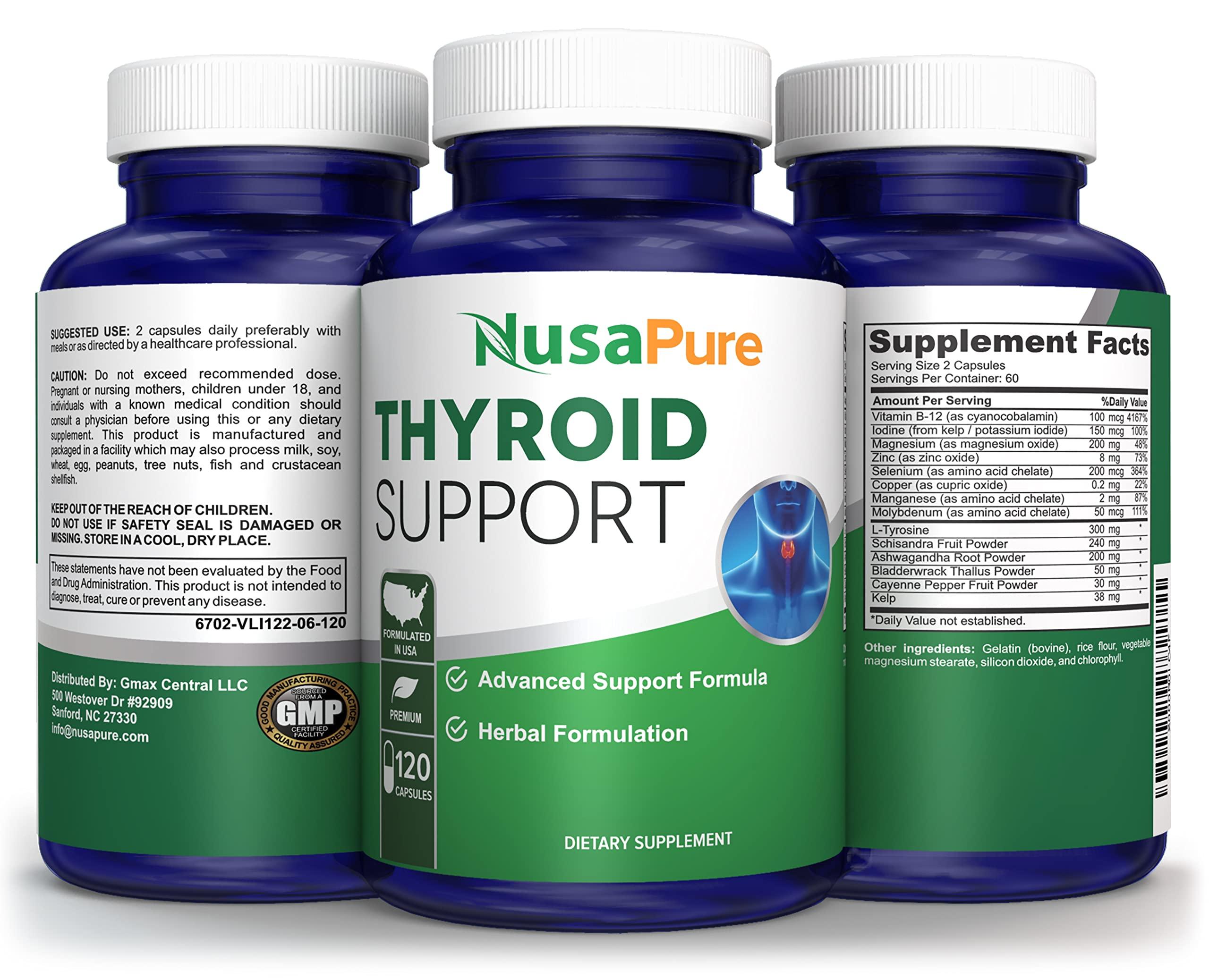 NusaPure NusaPure Thyroid Support Supplement (Non-GMO) 120 caps, Ashwaganda, Iodine, Zinc, kelp, Vitamin B12, L-Tyrosine, Selenium, Copper