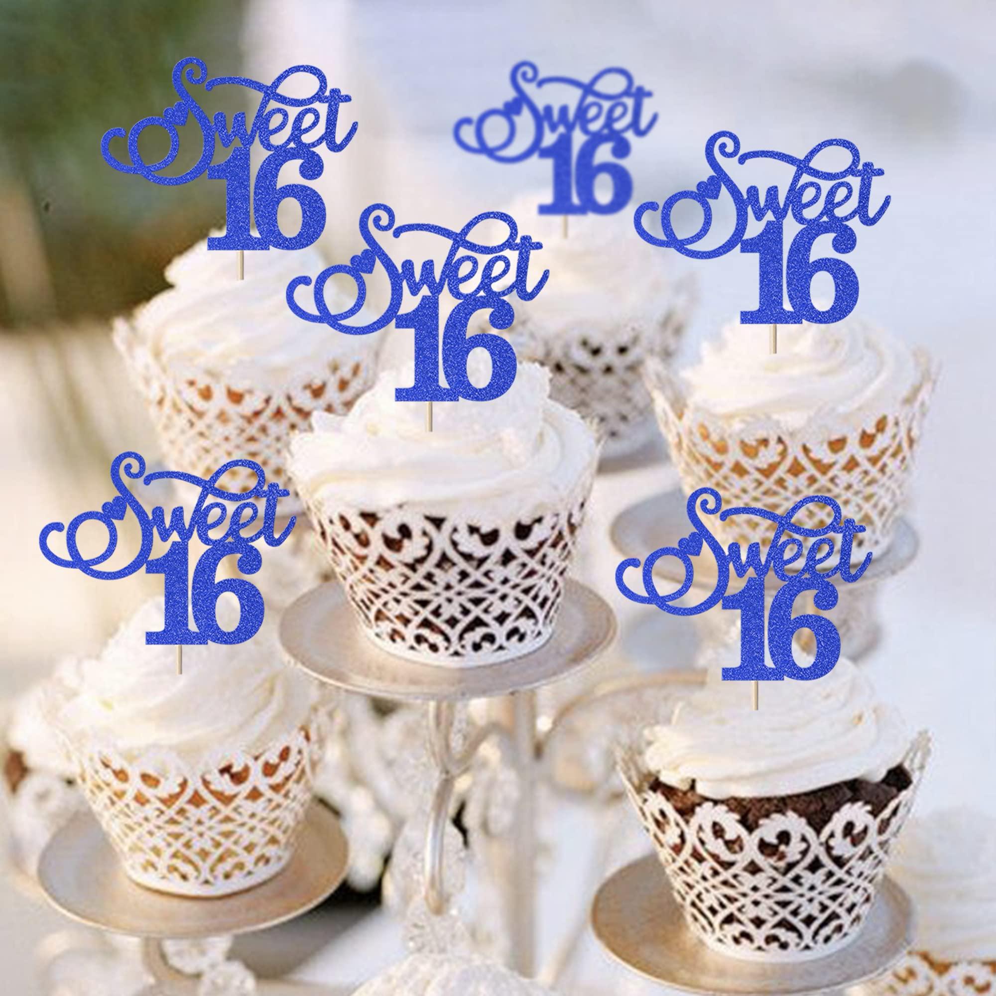 Rsstarxi Rsstarxi 30 Pack Sweet 16 Cupcake Toppers Glitter Love Heart Cheers to 16 Cupcake Picks for 16th Birthday Wedding Anniversary Party Cake Decorations Supplies Deep Blue