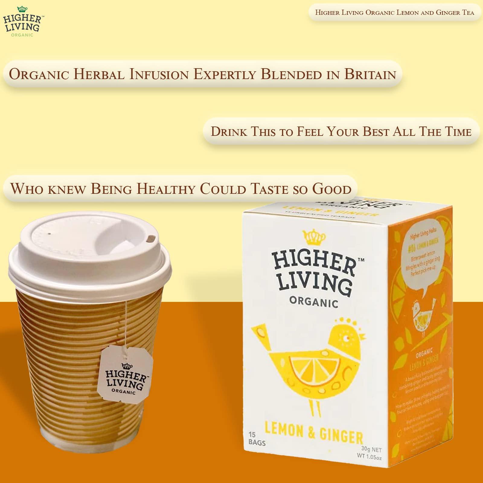 Higher Living Higher Living Organic Lemon & Ginger Herbal Tea - 15 Teabags | with Licorice Root, Lemongrass, Lemon Peel & More | Tangy & Spicy Flavor | Caffeine Free | Use as Hot or Iced Tea | 1.05oz/30g