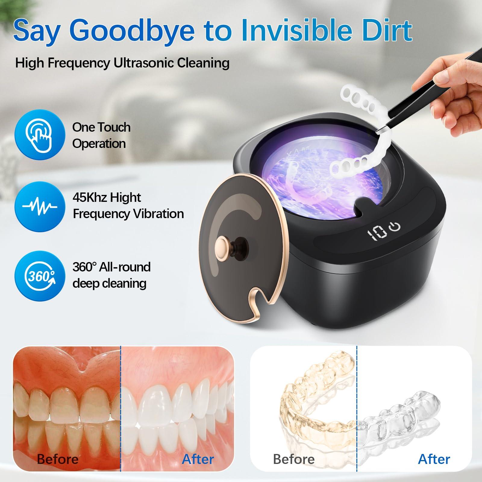 Raccomb Ultrasonic Retainer Cleaner Machine - Raccomb 45kHz LED Light Ultrasonic Cleaner for Dentures, Aligner, Mouth Guard, Night Guard Cleaner, 230mL Sonic Cleaning Machine for Jewelry, Dental Appliances