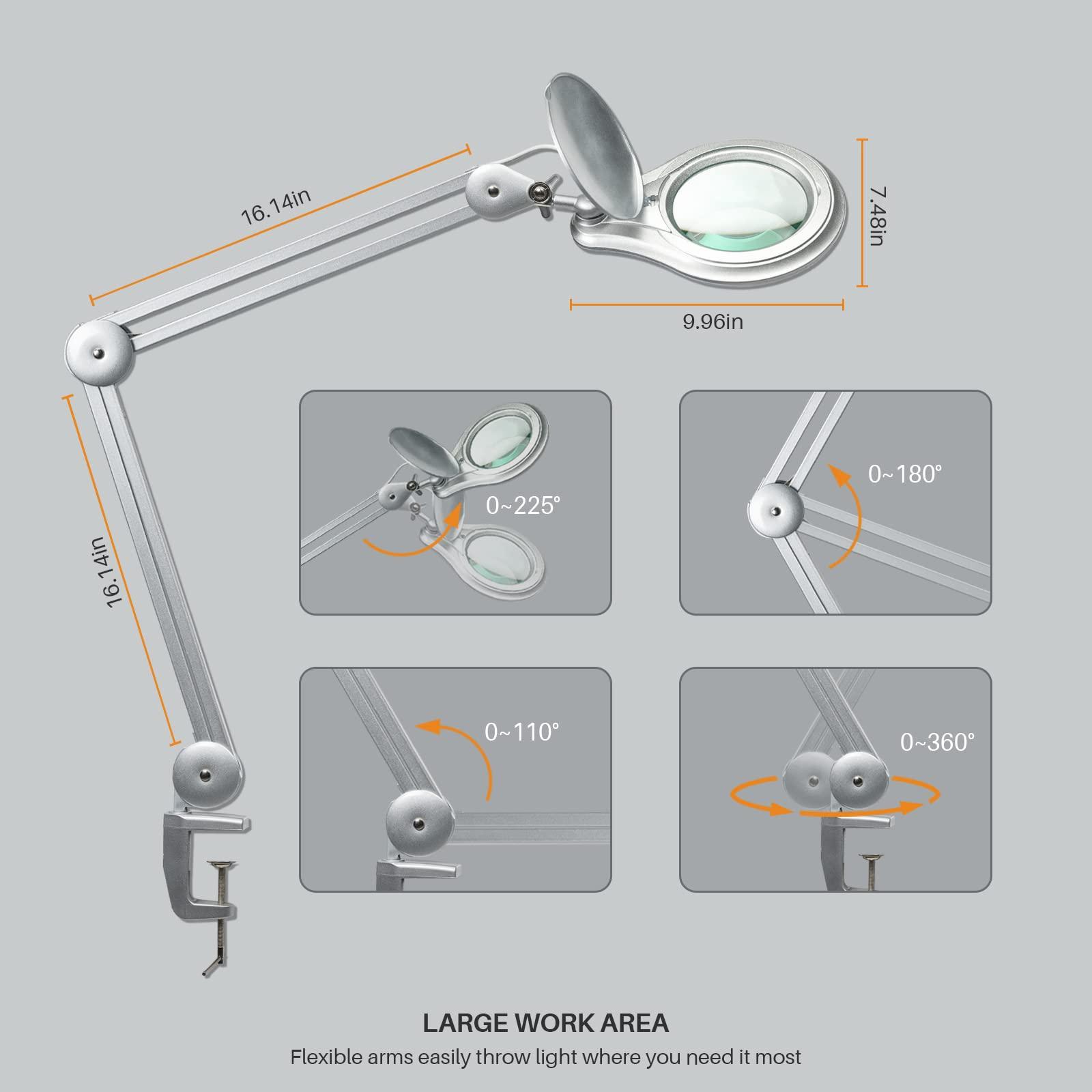 bemelux Bemelux LED Magnifying Lamp with Clamp, 5 Inch Magnifier Glass Lens, Metal Swing Arm Dimming 1200 Lumens Lighted Magnifying Desk Lamp for Crafts, Bright 60PCS LEDs - 2.25X Magnification(Silver)
