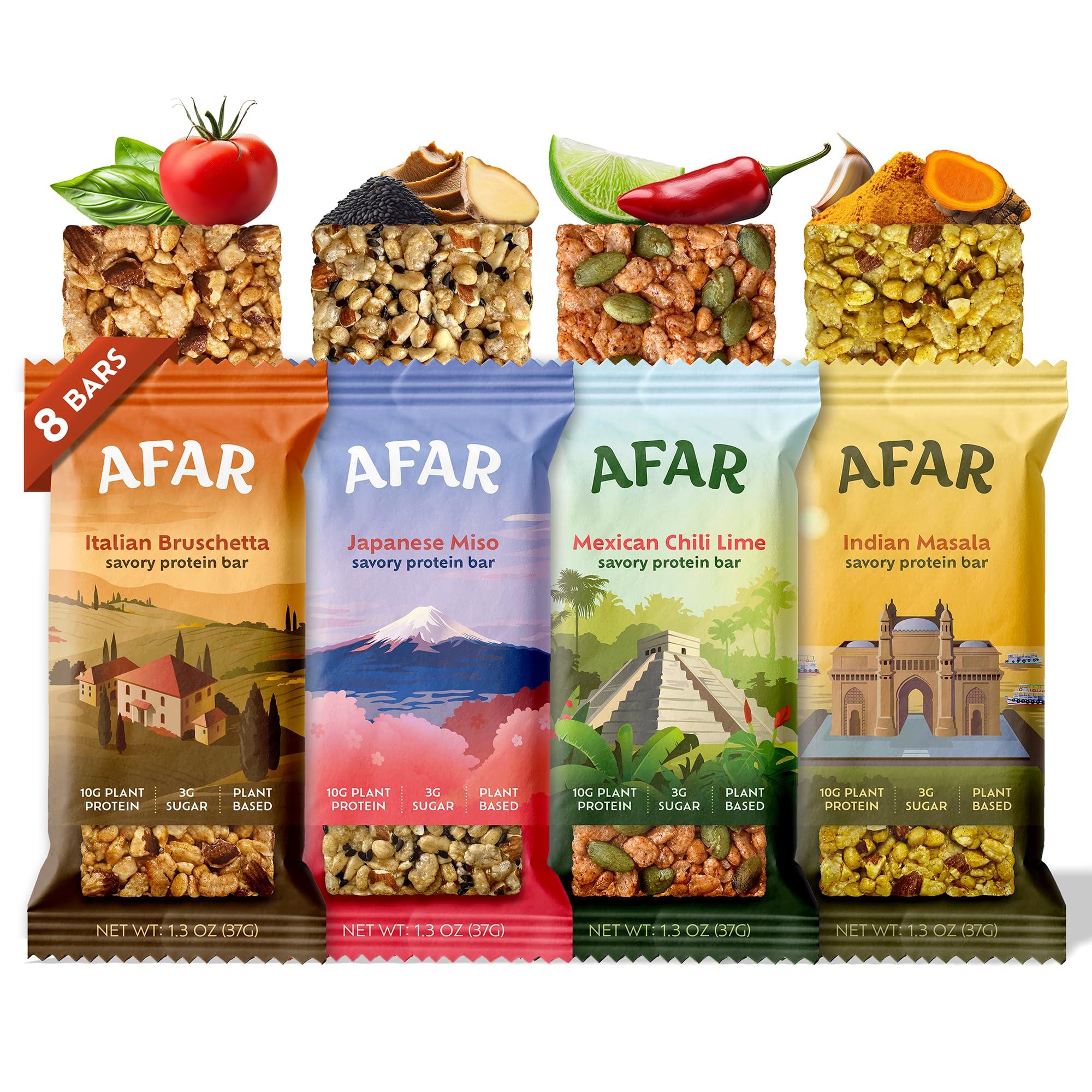 Afar Afar Savory Protein Bars Low Sugar, High Protein Healthy Snack for Adults Meal Replacement Bar Rice Crispy Texture Vegan, Gluten Free 8 Bars (Variety Pack)
