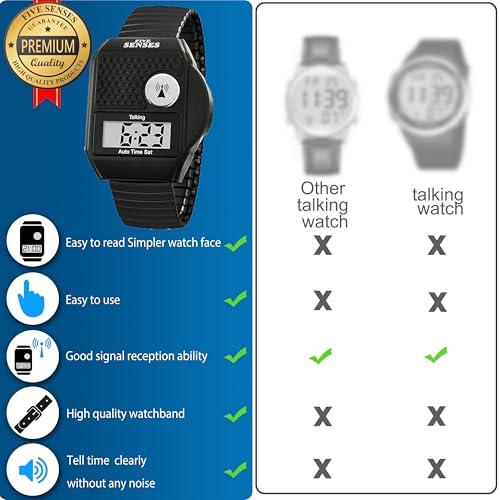 FIVE SENSES FIVE SENSES - English Atomic Talking Watch, Easy to use for Seniors Blind Men Women, Loud Talking Watch with Sound for Vision Impaired, Elderly Women, Blind People Products 1095 (Black)