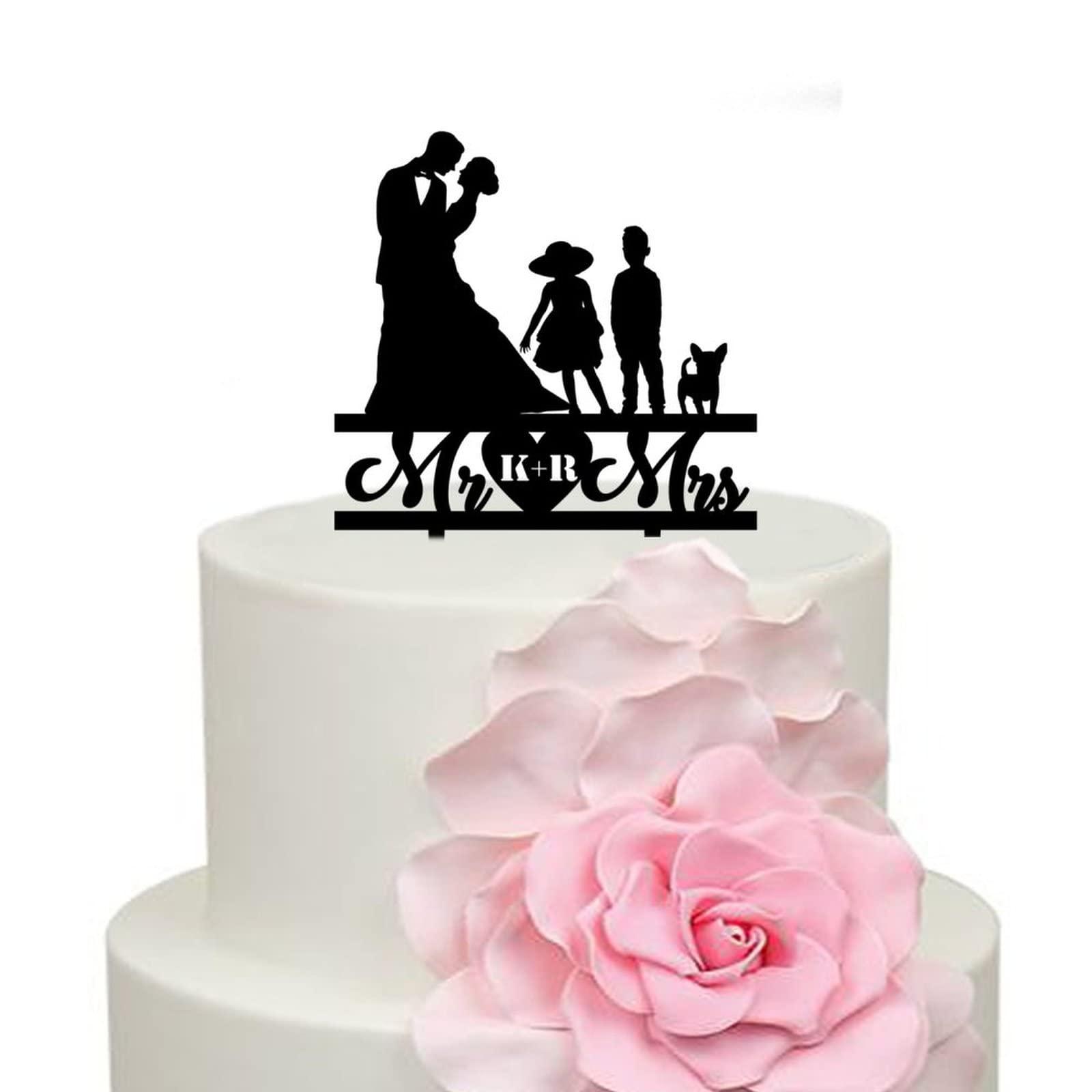 NoneQeleve Funny Wedding Cake Toppers Bride And Groom with Kids Dogs,Mr And Mrs Personalized Cake Topper Family of 4,Custom Initial Cake Topper,Funny Cake Topper for Special Event