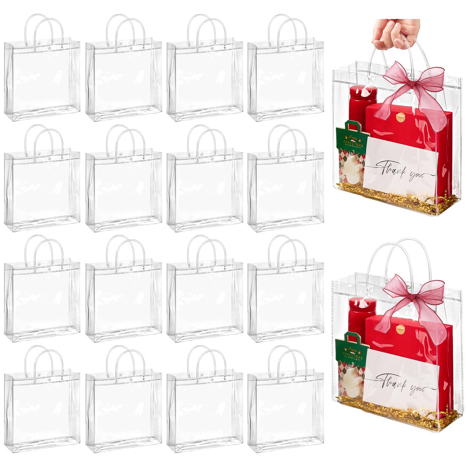 Jutieuo Jutieuo 20 Pack Clear Plastic Gift Bags with Handle, 9.84\" x 9.84\" x 3.54\", Reusable Transparent PVC Gift Wrap Tote Bags Bulk with Ribbons for Wedding, Baby Shower, Birthday Party Favor Bags