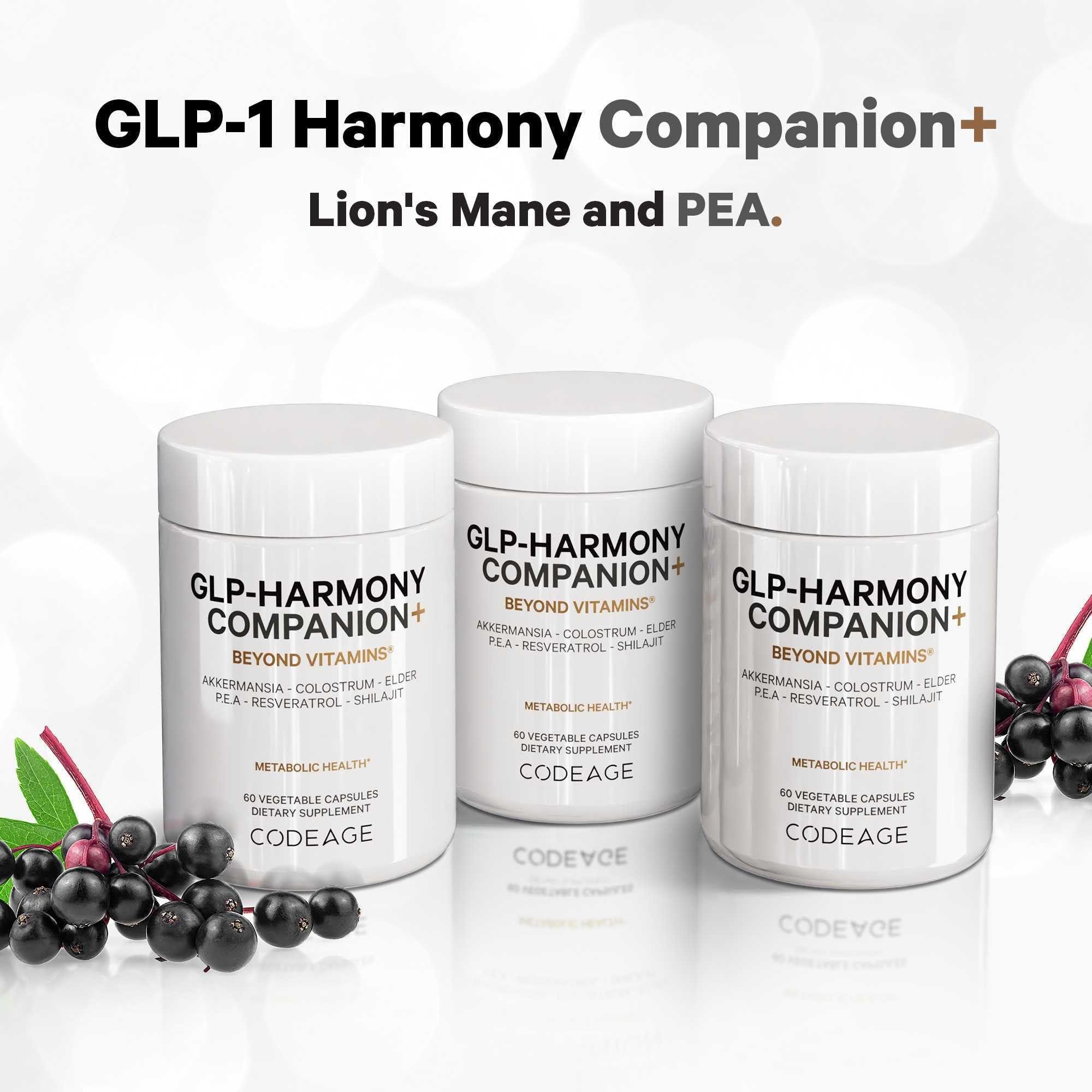 Codeage Codeage GLP-Harmony Companion+ Supplement - GLP-1 Agonist Support - Lion\'s Mane, Pea, Colostrum, Shilajit, Akkermansia, Elder, Citrus Bioflavonoids, Broccoli, Resveratrol - Non-GMO - 60 Capsules