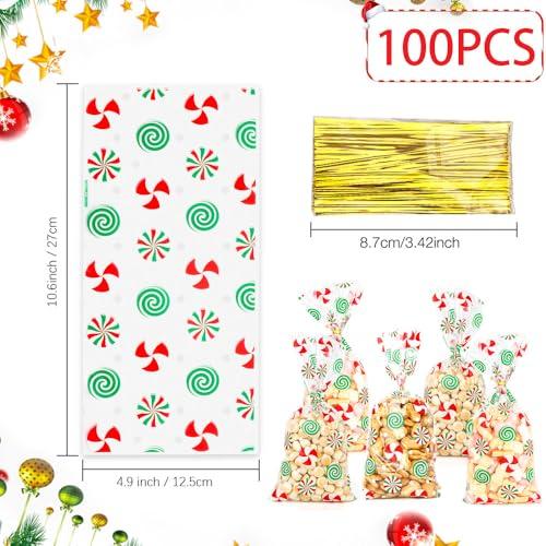 Luktastic Christmas Treat Bags, Christmas Cellophane Bags, 100Pcs Christmas Candy Bags, Cellophane Treat Bags with Twist Ties, Cellophane Gift Bags Cookie Bags Goodie Bags for Xmas Holiday Party Favors Supplies