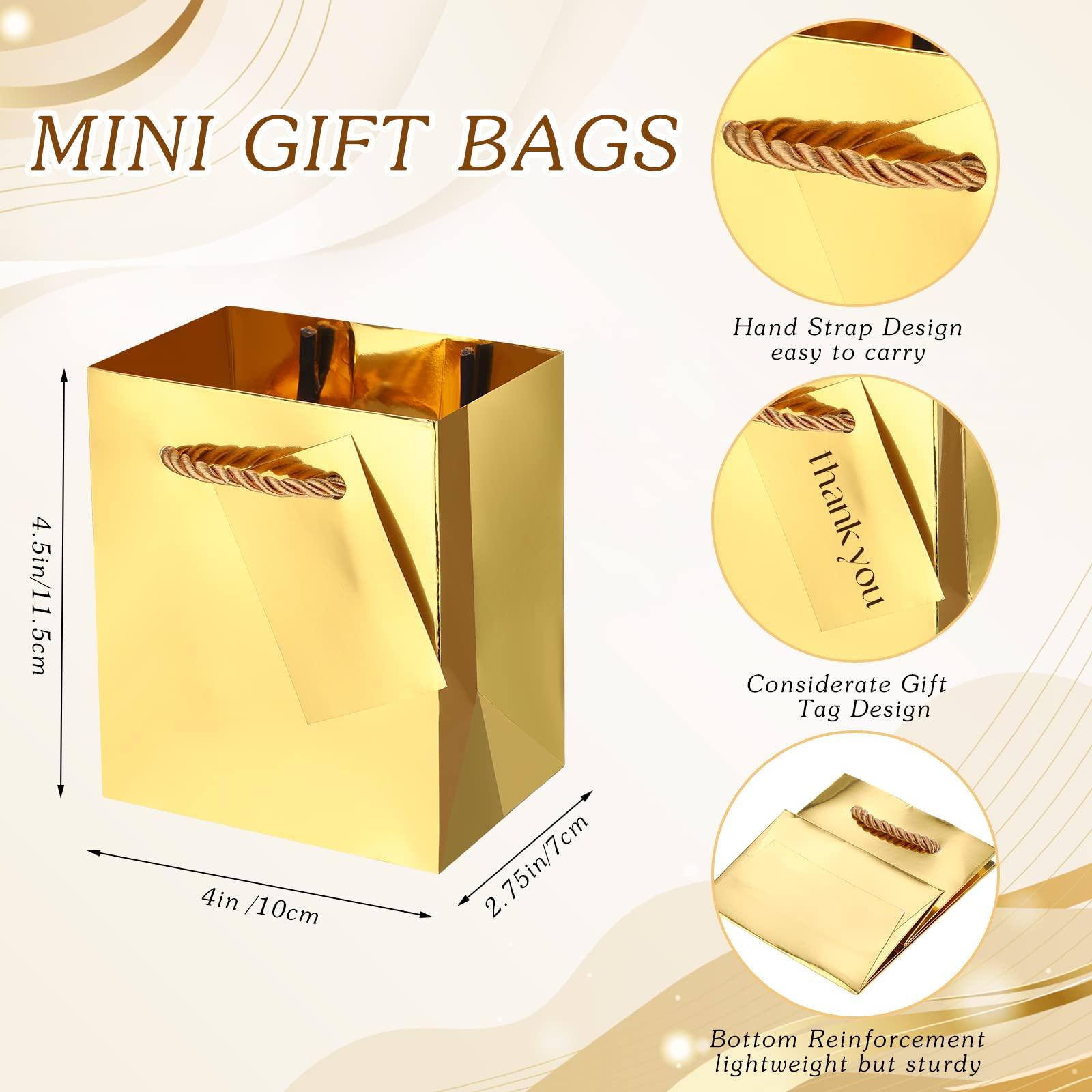 Nuanchu Nuanchu 50 Pcs Mini Gift Bags Bulk, 4 x 2.75 x 4.5 Inch Paper Bags with Gift Tags, Extra Small Metallic Paper Totes with Handles for Birthday Weddings Baby Showers Party Favors Gifts (Gold)
