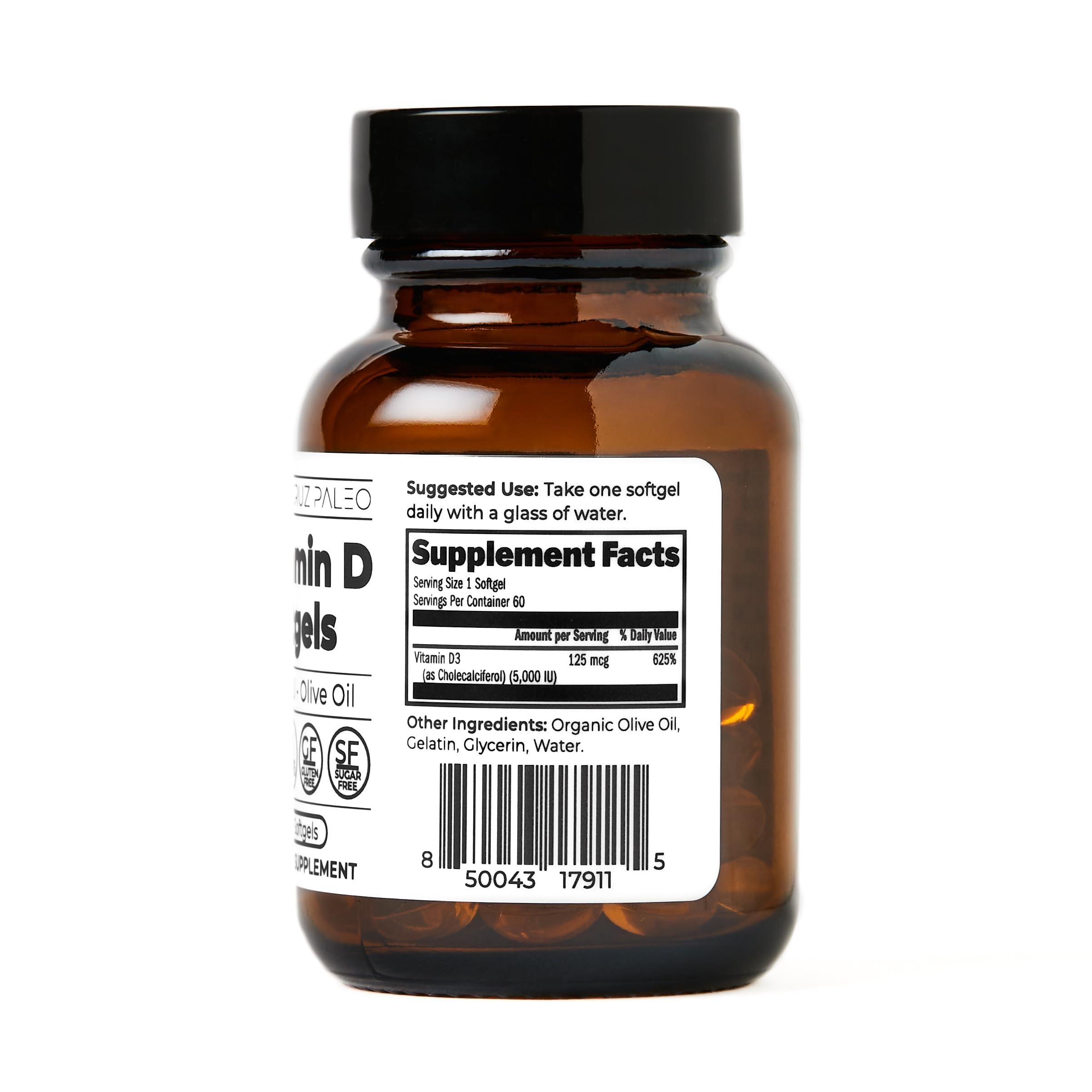 Santa Cruz Paleo Santa Cruz Paleo Vitamin D Supplement, Bone Health & Immune Support, 5000 i.u. Per Softgel, Gluten Free, Keto, Sugar Free, Paleo, Vitamin D3, Olive Oil for Absorption, Natural Ingredients, 60 Softgels