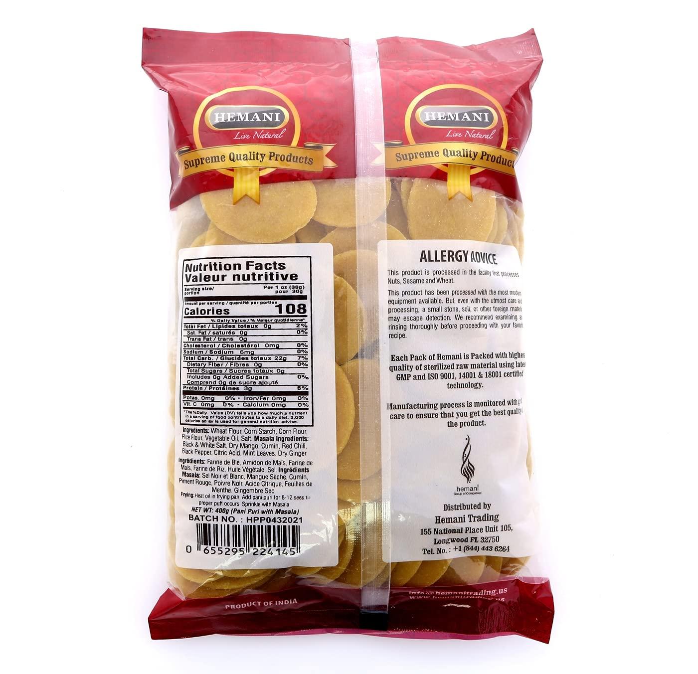 Hemani HEMANI Pani Puri - Coins - Comes with Masala - Ready to Cook - 400g (14.1 oz) - All Natural, Vegan & Non-GMO - Indian Origin