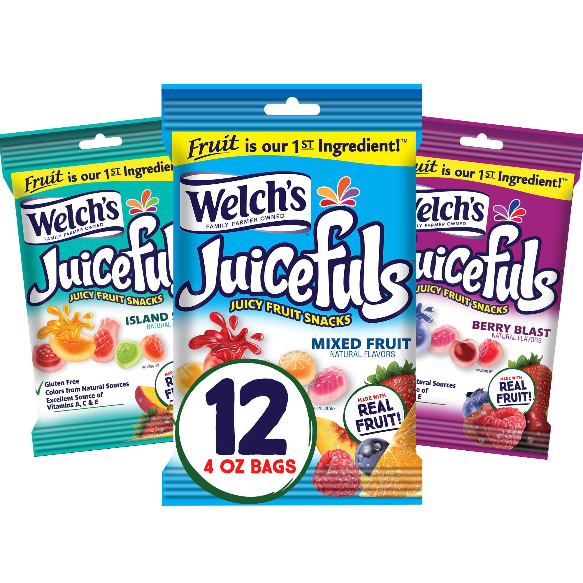 Welch's Welch\'s Juicefuls Juicy Fruit Snacks, Mixed Fruit, Berry Blast & Island Splash Fruit Gushers Variety Pack, Great For School Lunches, Gluten Free, 4 Oz Individual Single Serve Bags (Pack Of 12)