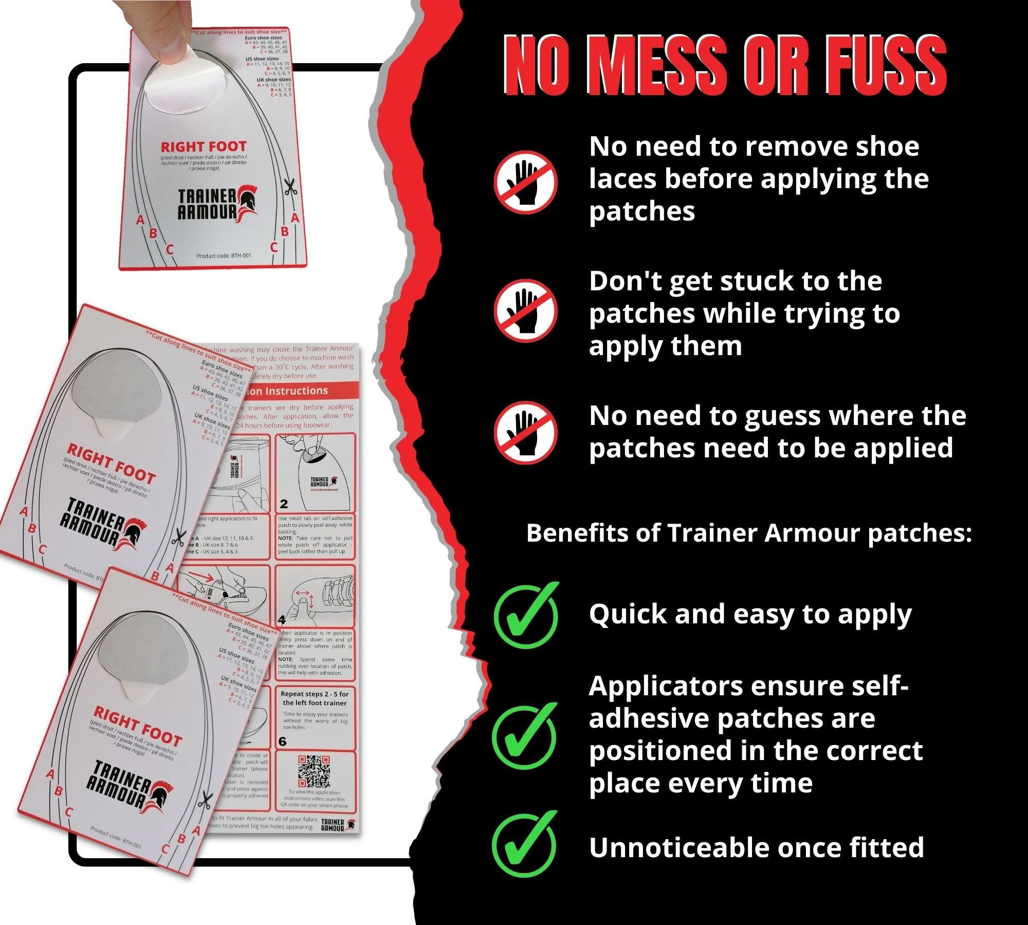 Trainer Armour Trainer Armour - Big Toe Hole Preventer, self-Adhesive Patches with a Clever applicator. Shoe Toe Burst Toe Box Blowout Prevention Insert, Toe Hole Area Repair Patch. for Running Shoes and Sneakers.