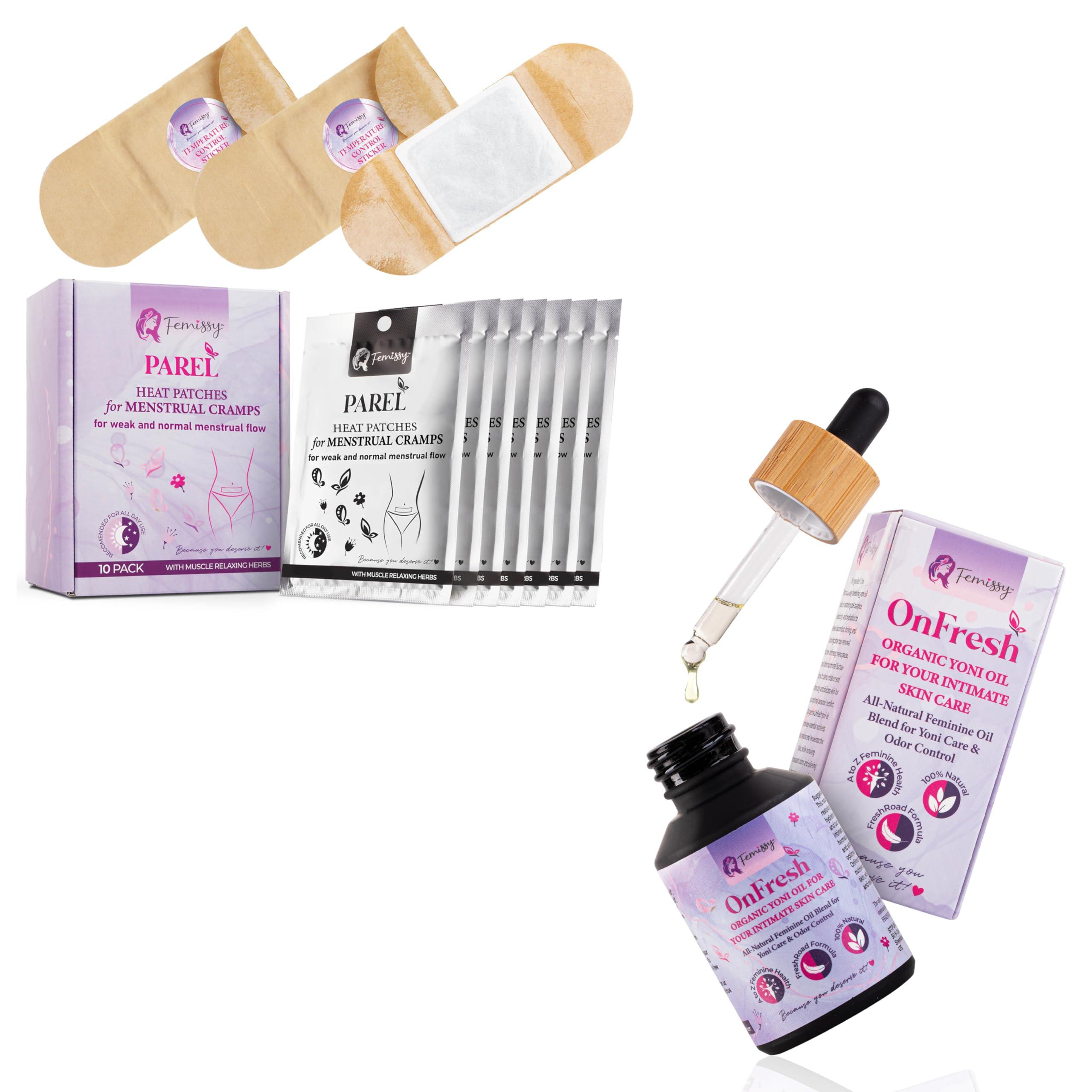 Femissy Heat Patches for Menstrual Cramps Based on Flow Strength, 10 Period Patches for Weak & Normal Flow + Natural Yoni Vulva Oil for Women PH Balance & Dryness (1 fl oz) Sensitive Skin Herbal Moisturizer