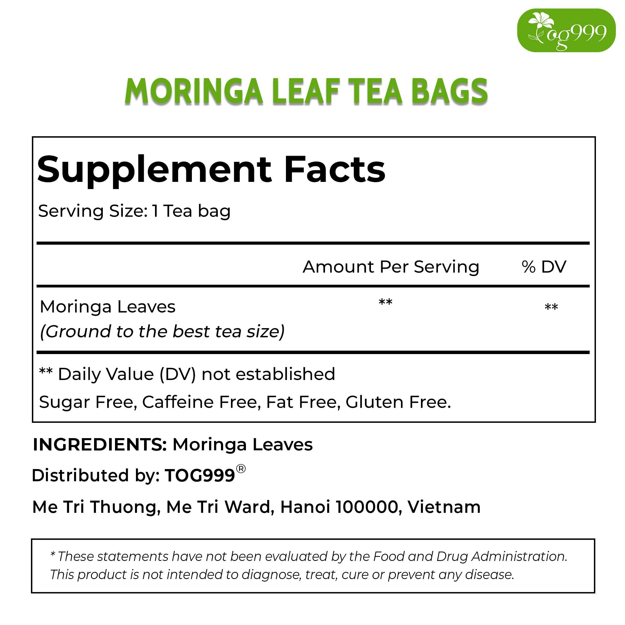 TOG999 TOG999, Premium 60 Moringa Leaf Tea Bags, 100% Natural & Pure from Moringa Leaves. Loose Leaf Moringa Herbal Tea. Moringa Leaf Tea. No Sugar, No Caffeine, No Gluten, Vegan.