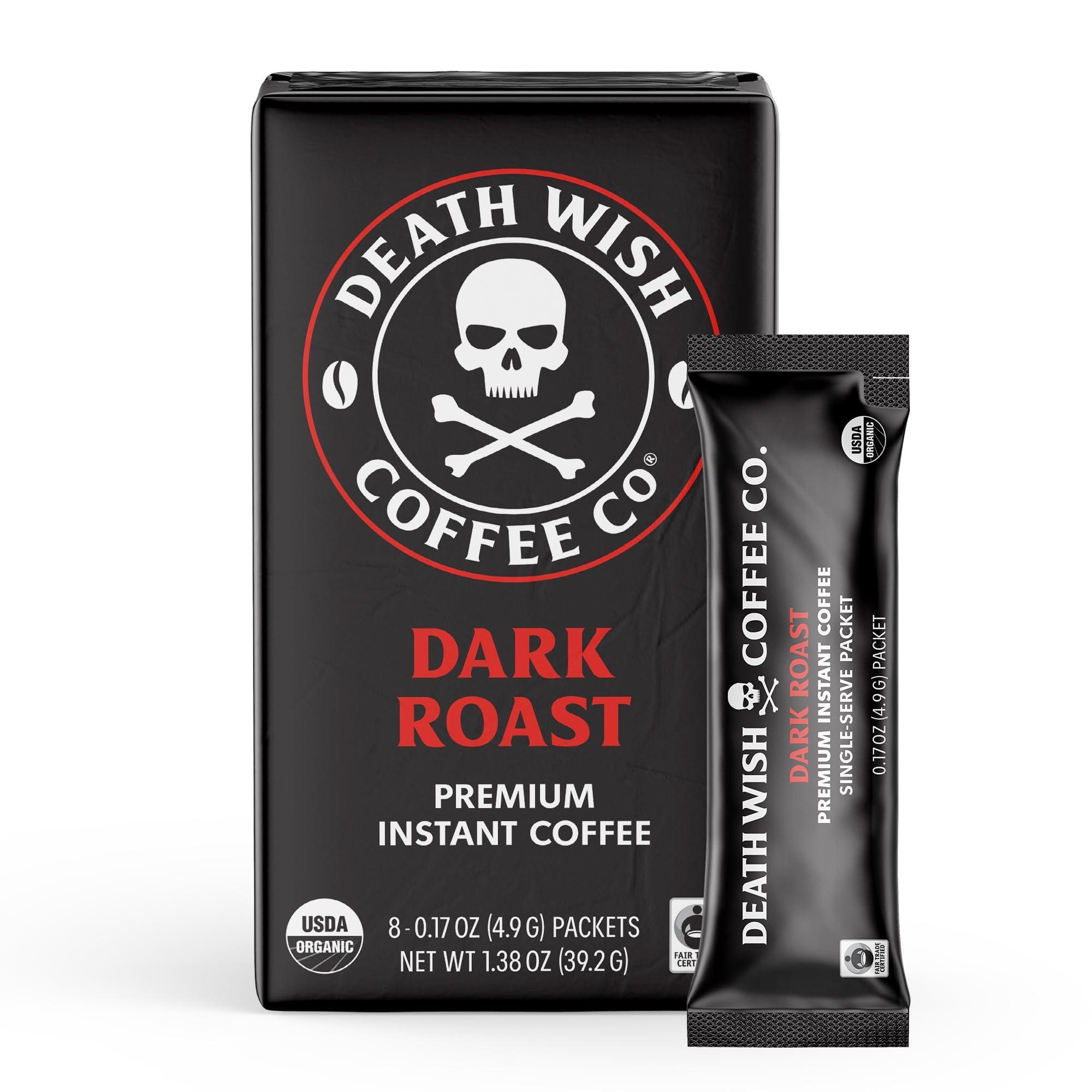 Death Wish Coffee Co. Death Wish Coffee Instant Dark Roast Coffee Packets, Bold & Intense Blend of Arabica & Robusta Beans, USDA Organic, 8 Count