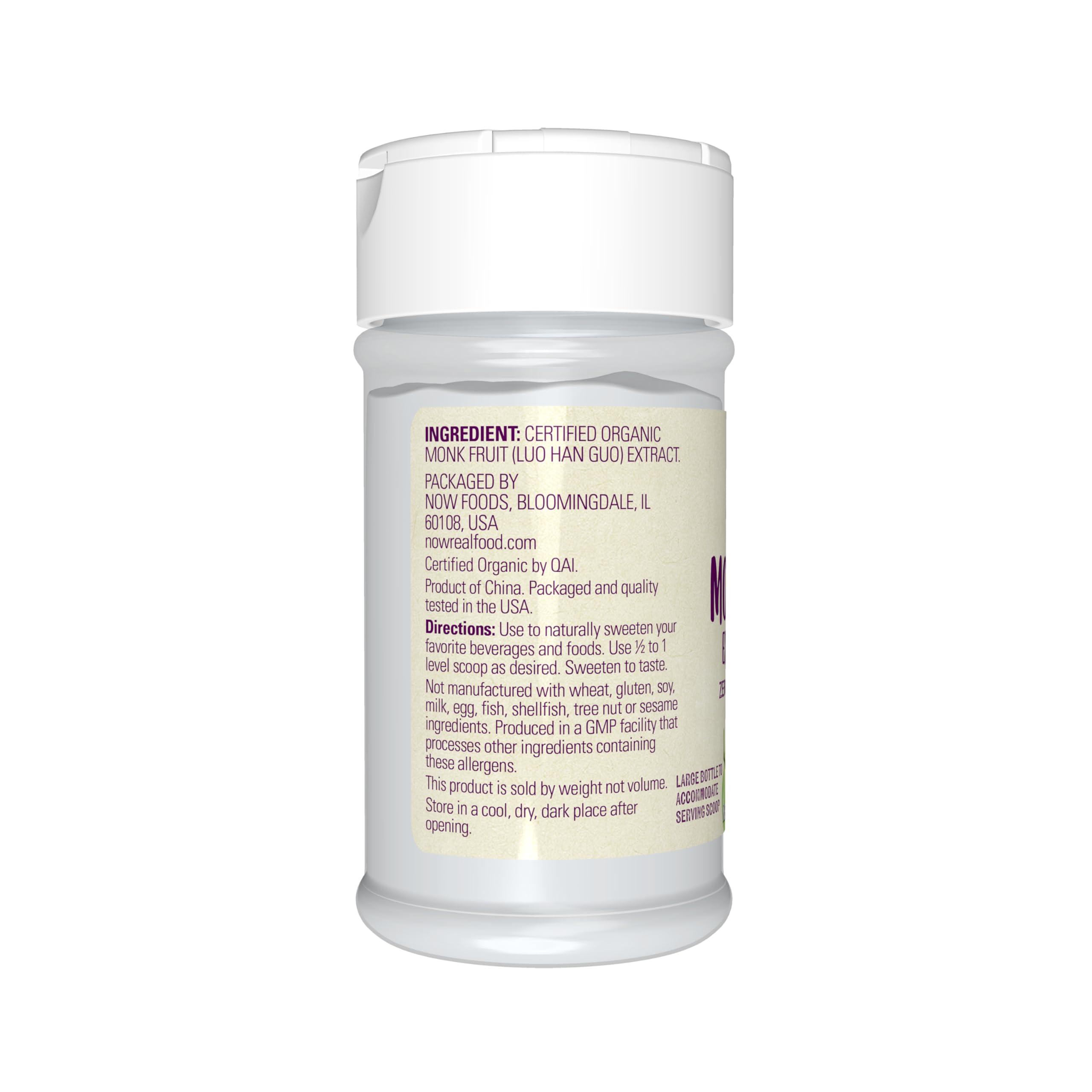 NOW NOW Foods, Certified Organic Monk Fruit Extract Powder, Zero Calorie Sweetener, Large Bottle for Serving Scoop, Certified Non-GMO, 0.7-Ounce