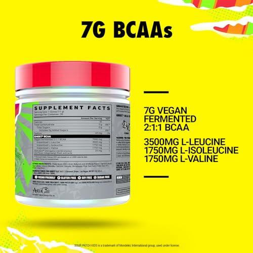 GHOST GHOST BCAA Powder Amino Acids Supplement, Sour Patch Kids Watermelon - 30 Servings - Sugar-Free Intra, Post & Pre Workout Amino Powder & Recovery Drink, 7G BCAA