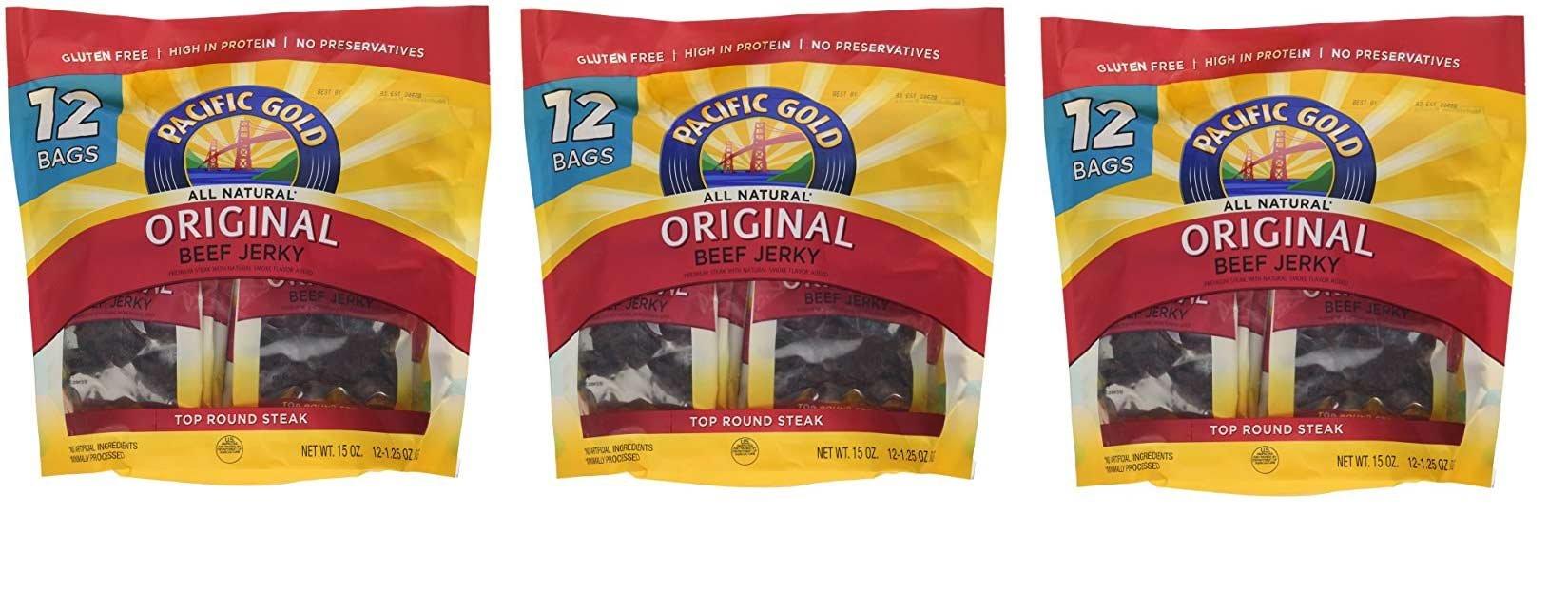 Pacific Gold Pacific Gold Original Beef Jerky Value Pack - 3 Bags of 12 - 1.25 oz per Bag Bag - Total 36
