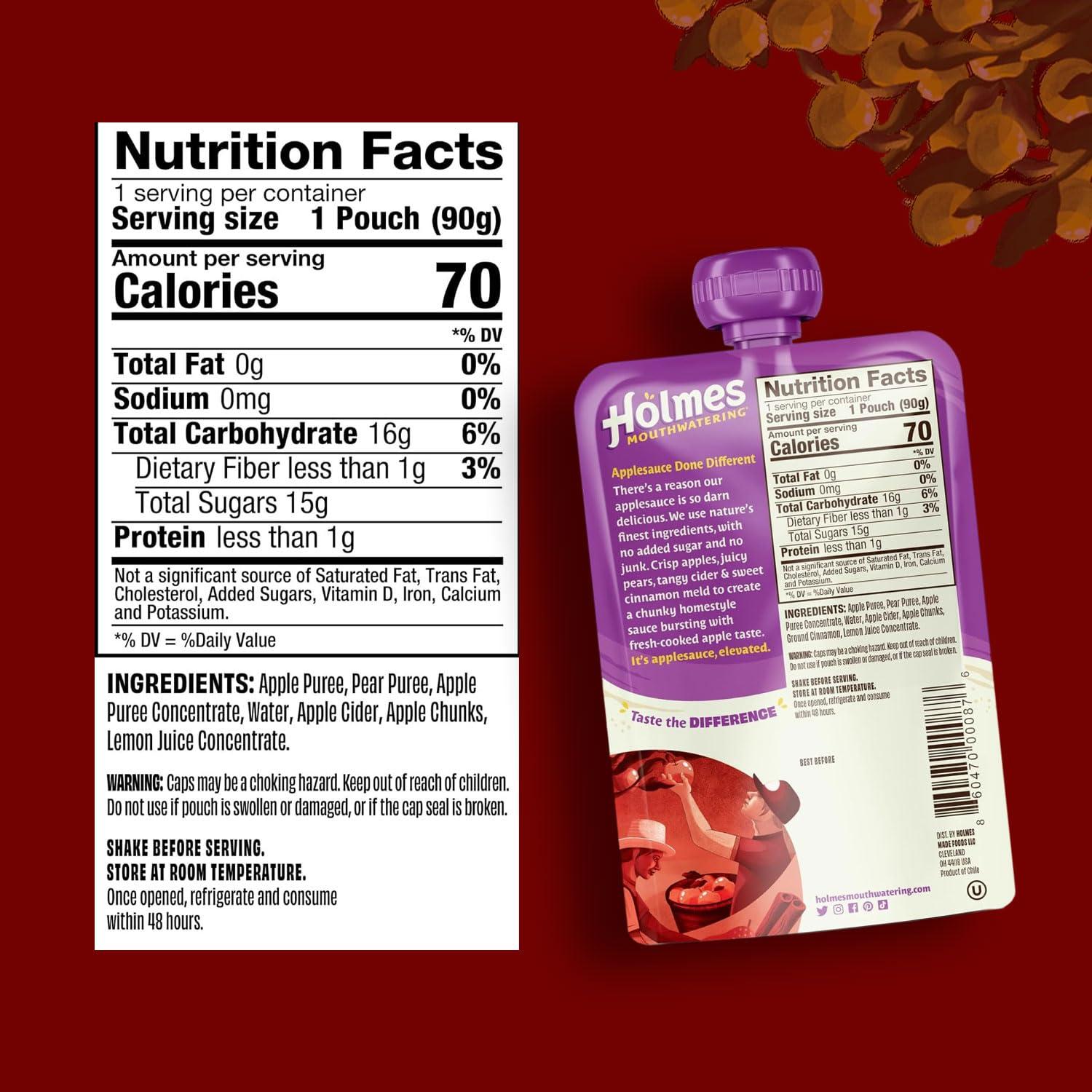 Holmes Mouthwatering Applesauce Squeeze Pouch, Organic Cinnamon Applesauce Pouches with Real Chunks of Fruit, No Artificial Flavors Fruit Snack (Apple Pie Cinnamon, 12 Pack of 3.2 oz)