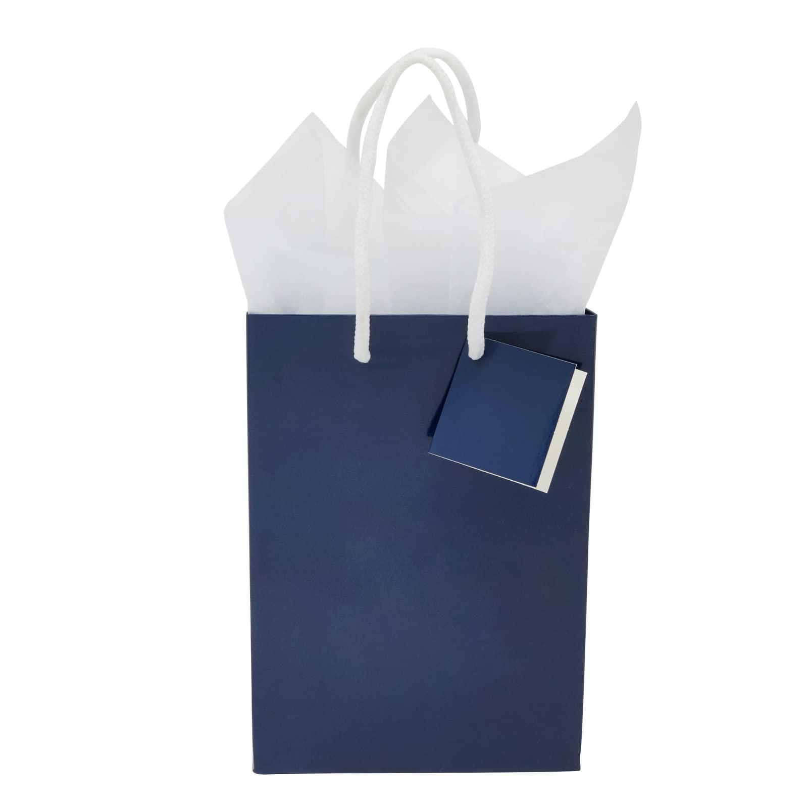 BLUE PANDA BLUE PANDA - 20-Pack Small Paper Gift Bags with Handles, 5.5x2.5x7.9-Inch Goodie with 20 Sheets White Tissue Paper and 20 Hang Tags for Small Business (Navy Blue)