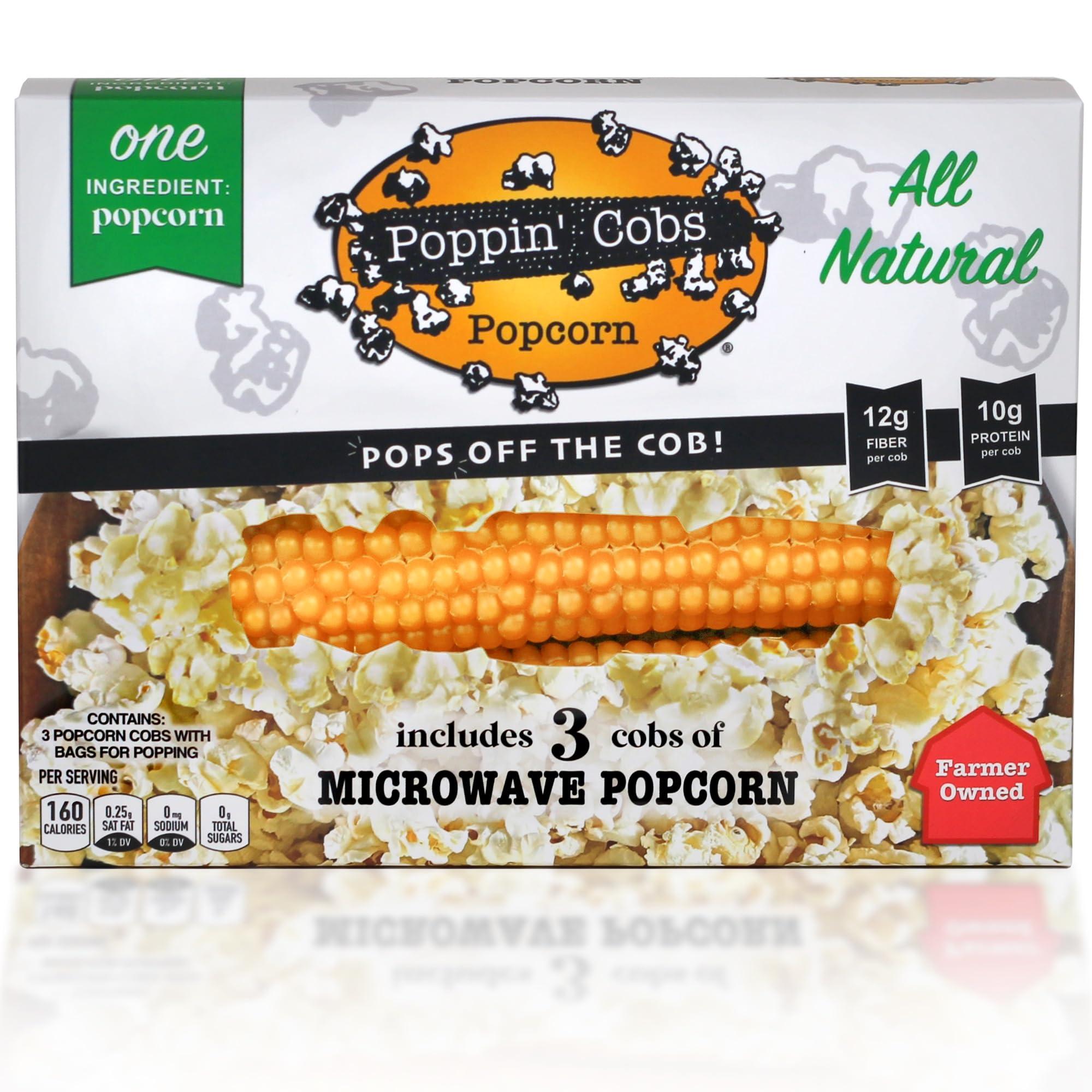 Poppin' Cobs Microwave Popcorn on the Cob - Pops off the Cob | Poppin\' Cobs Popcorn | Individually Wrapped Popcorn Cobs with 3 Bags For Popping | Single Ingredient | Gluten Free | Non-GMO | Single Harvest | Farm Fresh | Farmer Owned