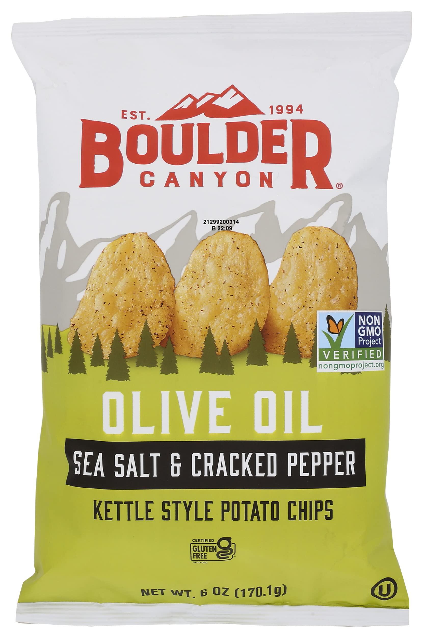 Boulder Canyon Boulder Canyon Kettle Cooked Potato Chips, Cooked in 100% Olive Oil, Wavy Canyon Cut, NON-GMO Verified, Gluten Free, Sea Salt & Cracked Pepper, 6 Ounce (Pack of 12)