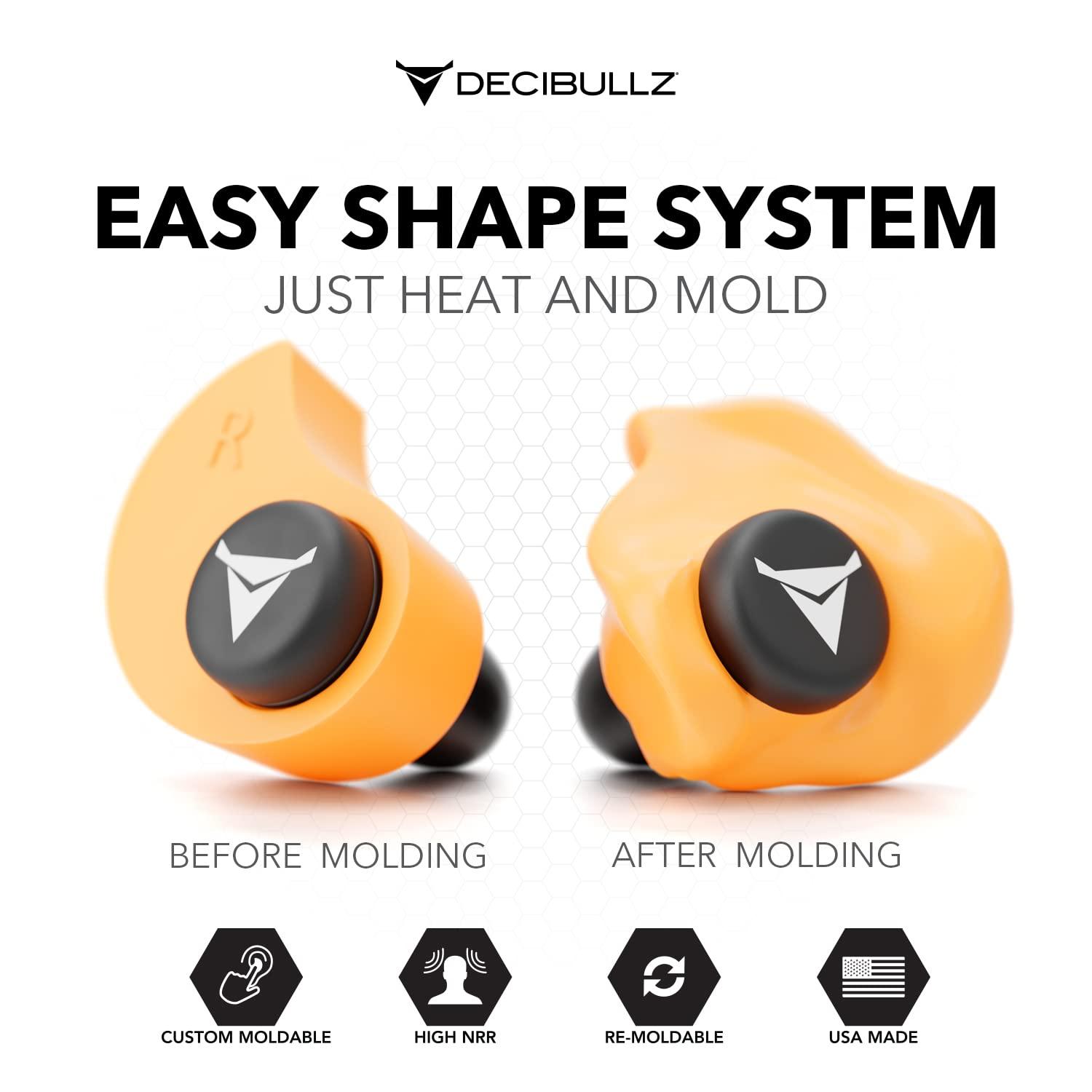 Decibullz Decibullz - Custom Molded Earplugs, 31dB Highest NRR, Comfortable Hearing Protection for Shooting, Travel, Swimming, Work and Concerts (Orange)