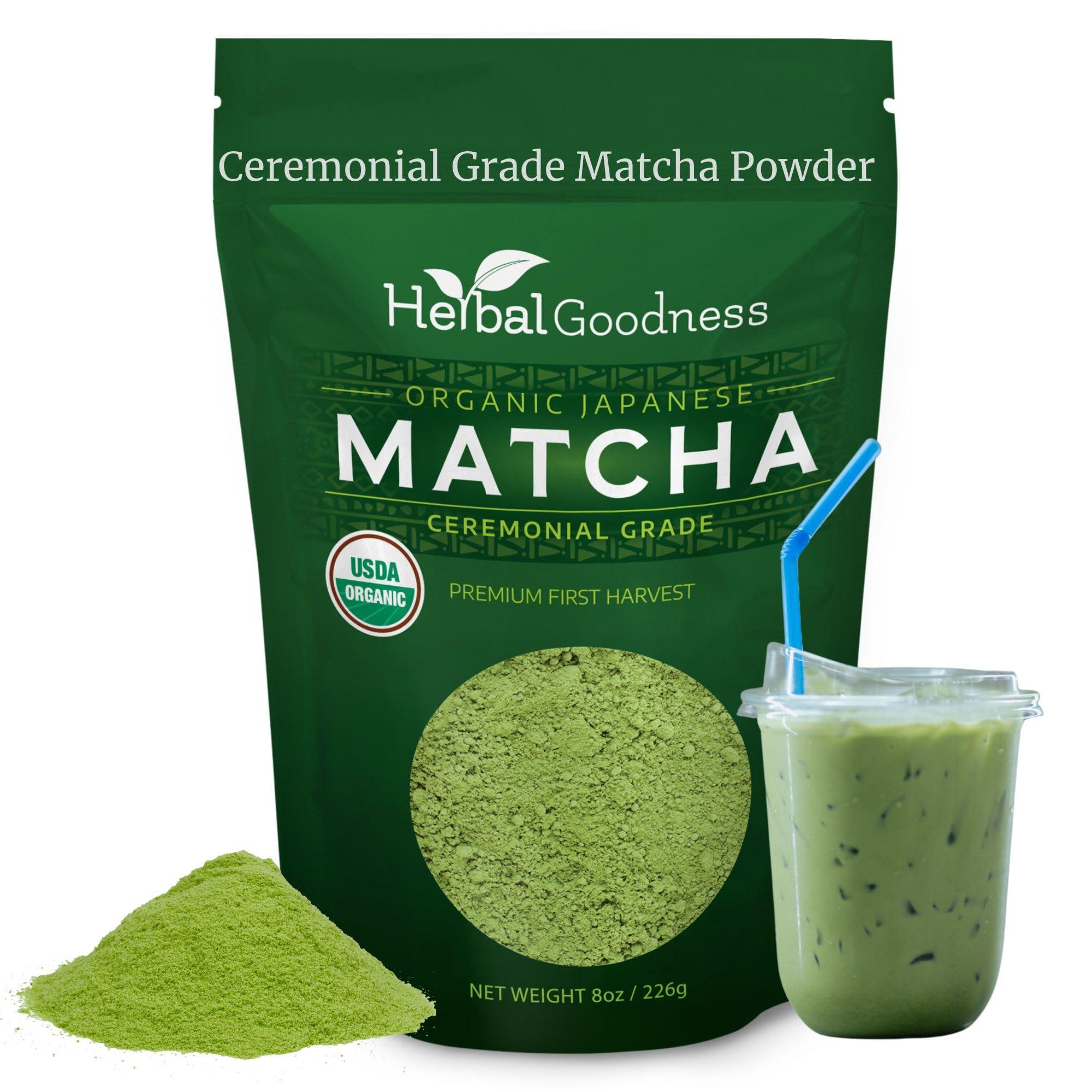 Herbal Goodness Matcha Organic Green Tea Powder - Japanese Ceremonial Grade Matcha Powder, Premium First Harvest, Matcha Tea for Health & Vitality, Non-GMO, USDA Organic Macha - 8oz/224g - Herbal Goodness
