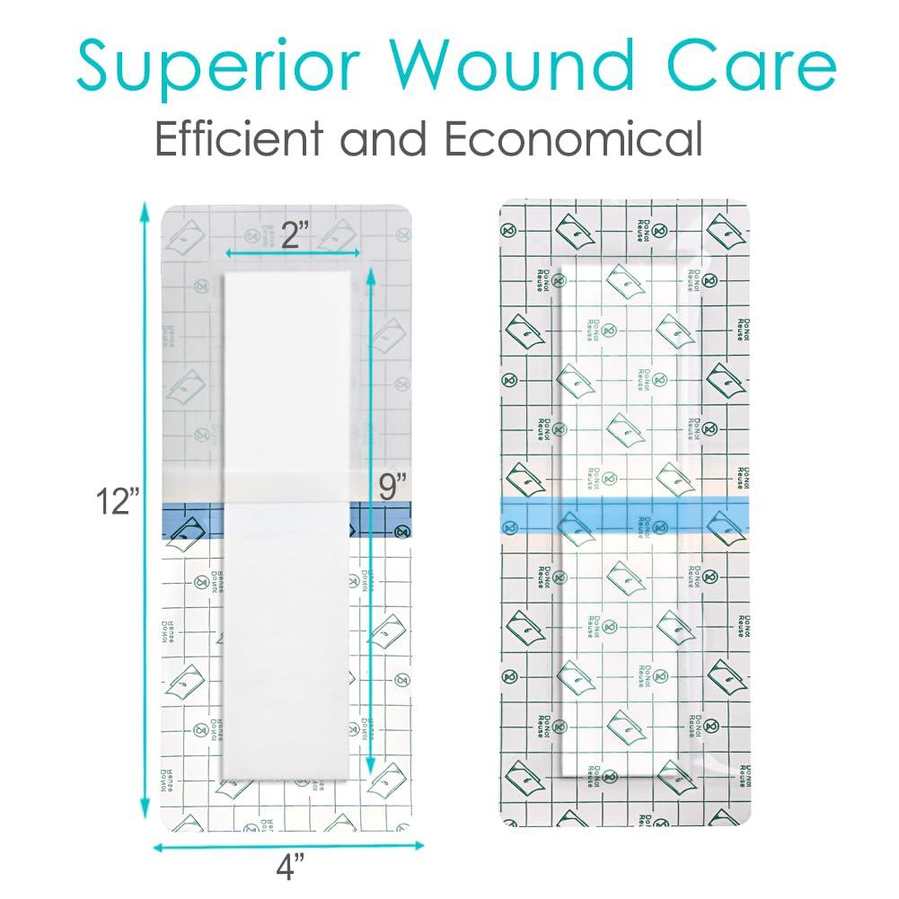 SinaiSea Large Waterproof Knee Replacement Surgery Adhesive Bandages Hip Surgery Shower Protector Cover Long Post Surgical Incision Wounds Island Dressing Bordered Gauze 4\"x12\" 25 Pack