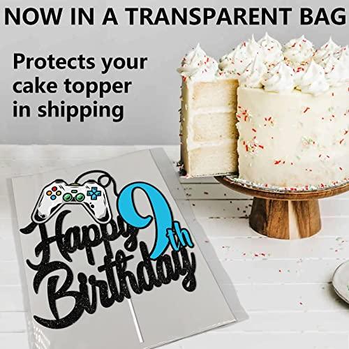 GZBJMYGS Happy 9th Birthday Cake Topper Party Video Games Decorations Black Blue Glitter - Cheers to 9 Years Level Up Theme Game On Winner Supplies for Boys or Girls
