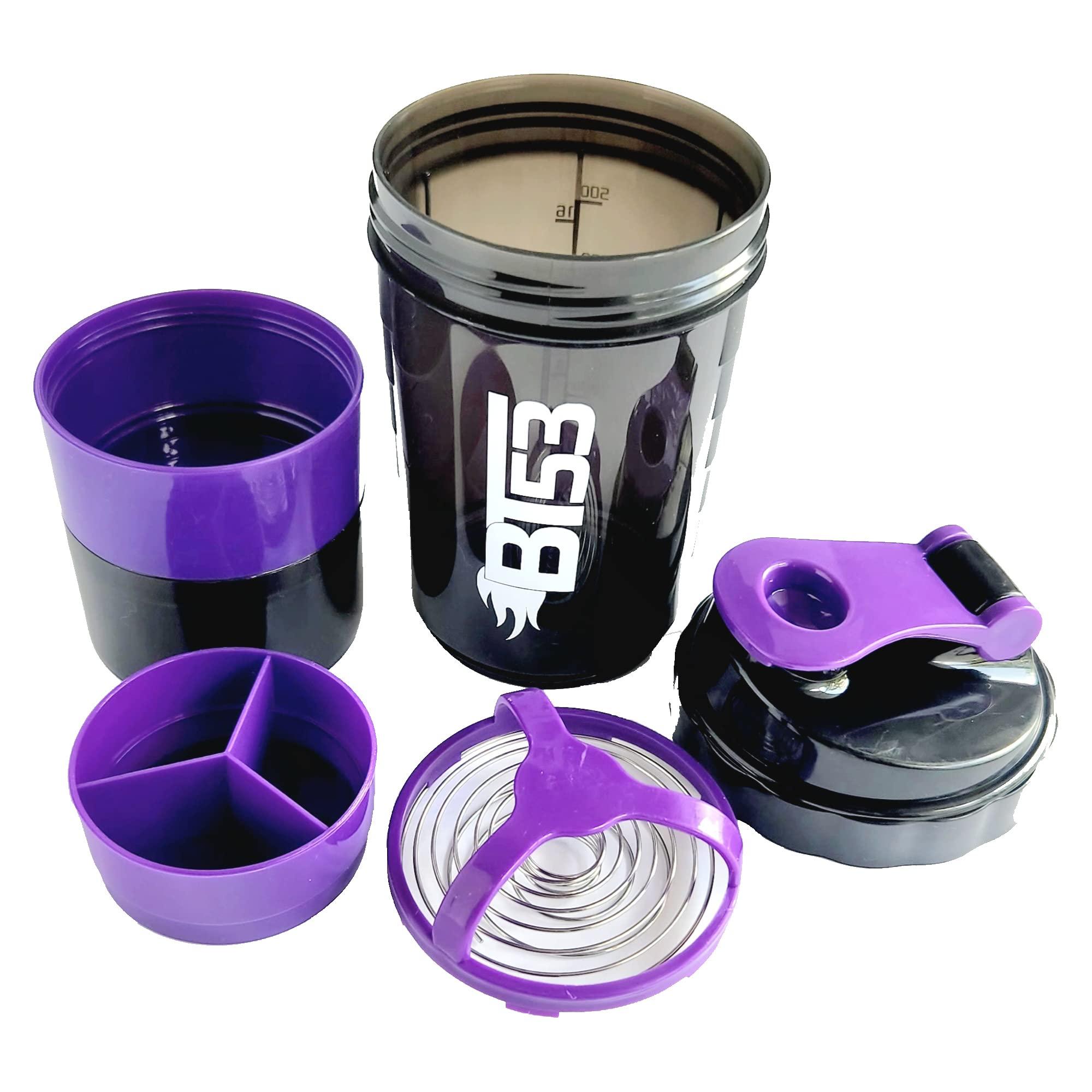 Generic BT53 Protein Blender Shaker Bottle, Protein Blender Beast, Fitness Gym Shaker Bottle with Protein Powder Storage and Pill Organizer, 500ML (Purple)