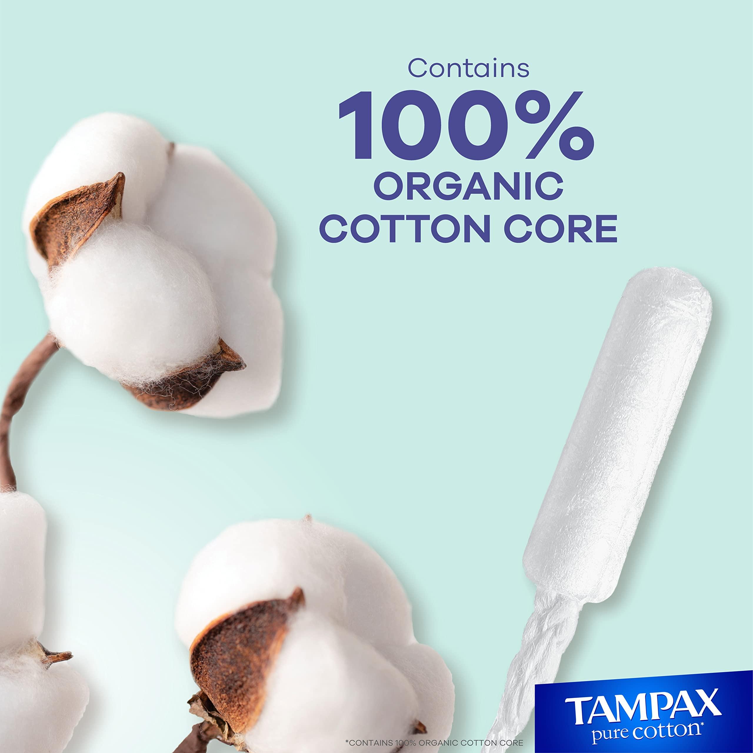 Tampax Tampax Pure Cotton Tampons, Contains 100% Organic Cotton Core, Regular/Super Absorbency, unscented, 22 Count x 3 Packs (66 Count Total)
