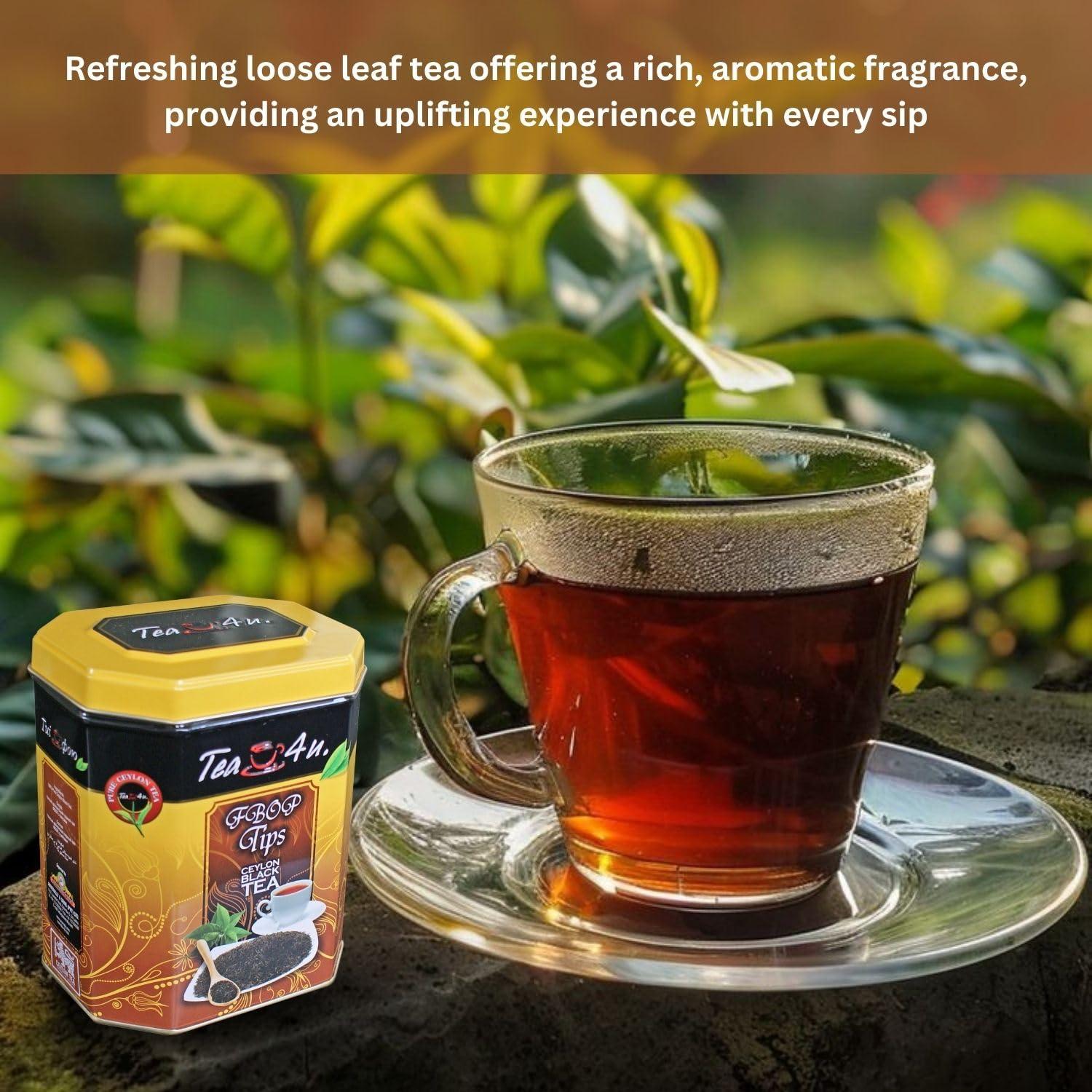 TEA 4U. BY ANVERALLY Tea4U FBOP Tips Loose Black Ceylon Tea, Fresh Handpicked Leaves with Metal Canister