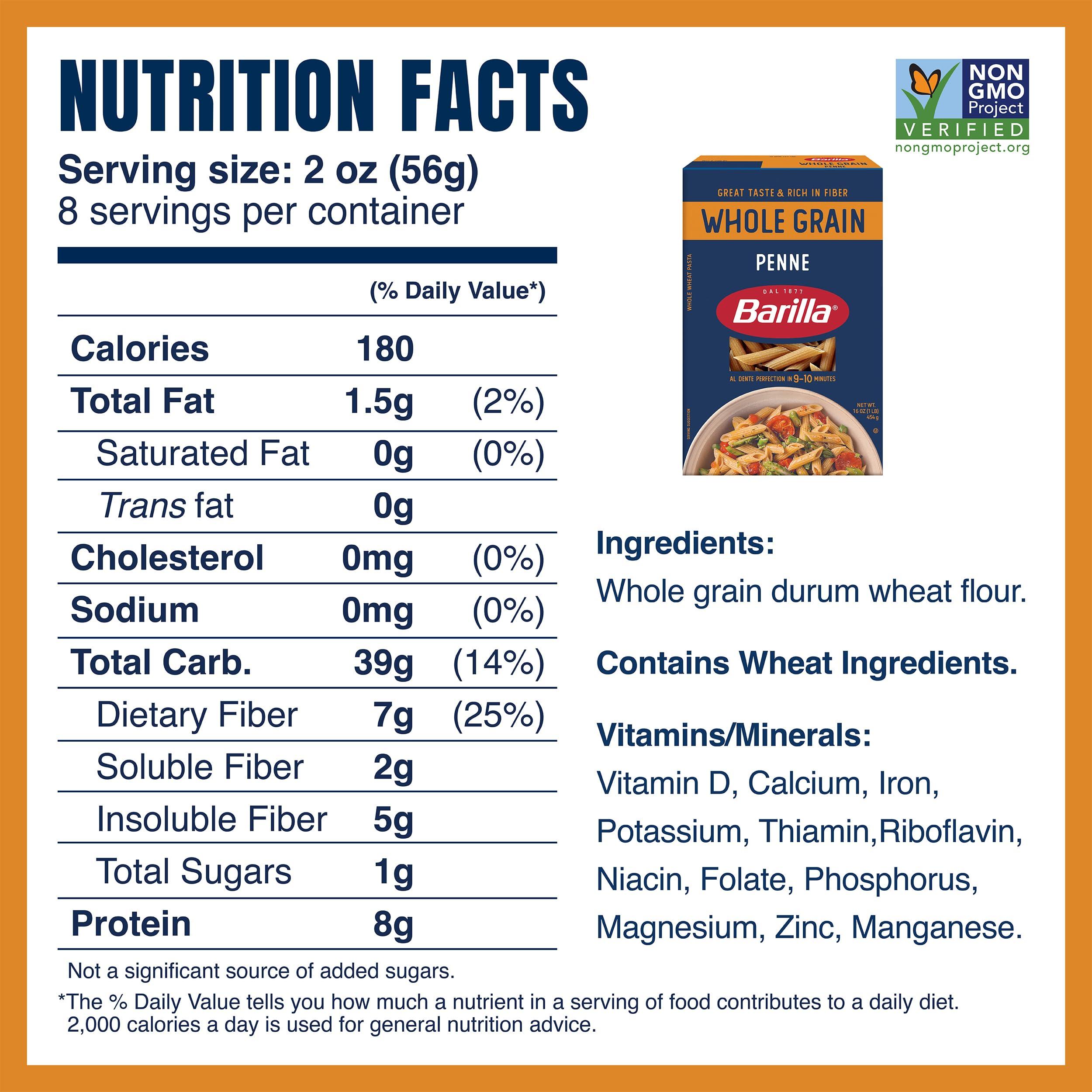 Barilla Barilla Whole Grain Penne Pasta, 16 oz. Box (Pack of 8) - Non-GMO Pasta Made With 100% Whole Grain Durum Wheat - Great Source of Fiber