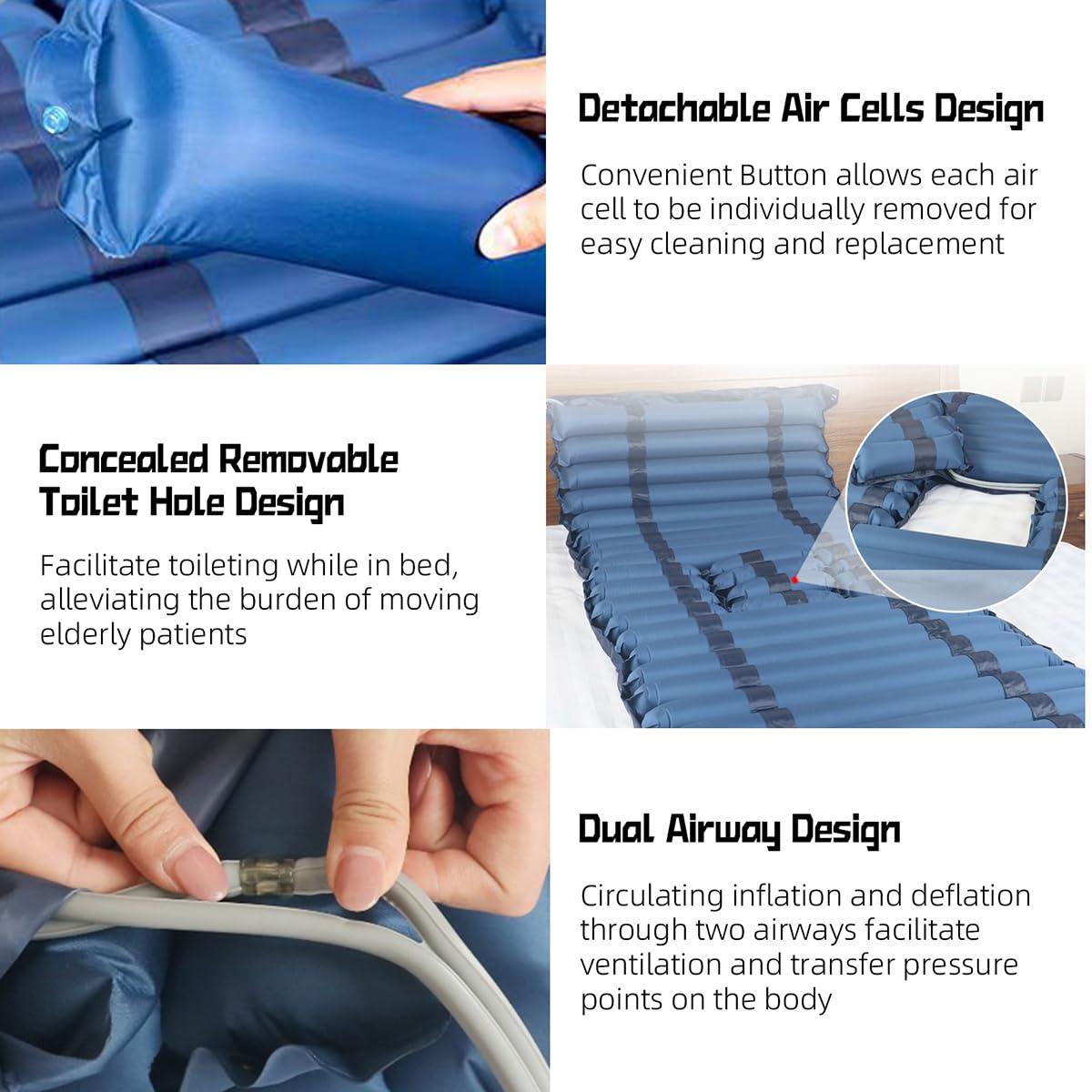 CRAZY ROSA Alternating Air Pressure Mattress Pad, Inflatable Bed Sore Prevention Cushion with Toilet Hole & Quiet Pump for Elderly Bedridden Patients Ulcer Sore Relief, Fits Hospital & Home Bed