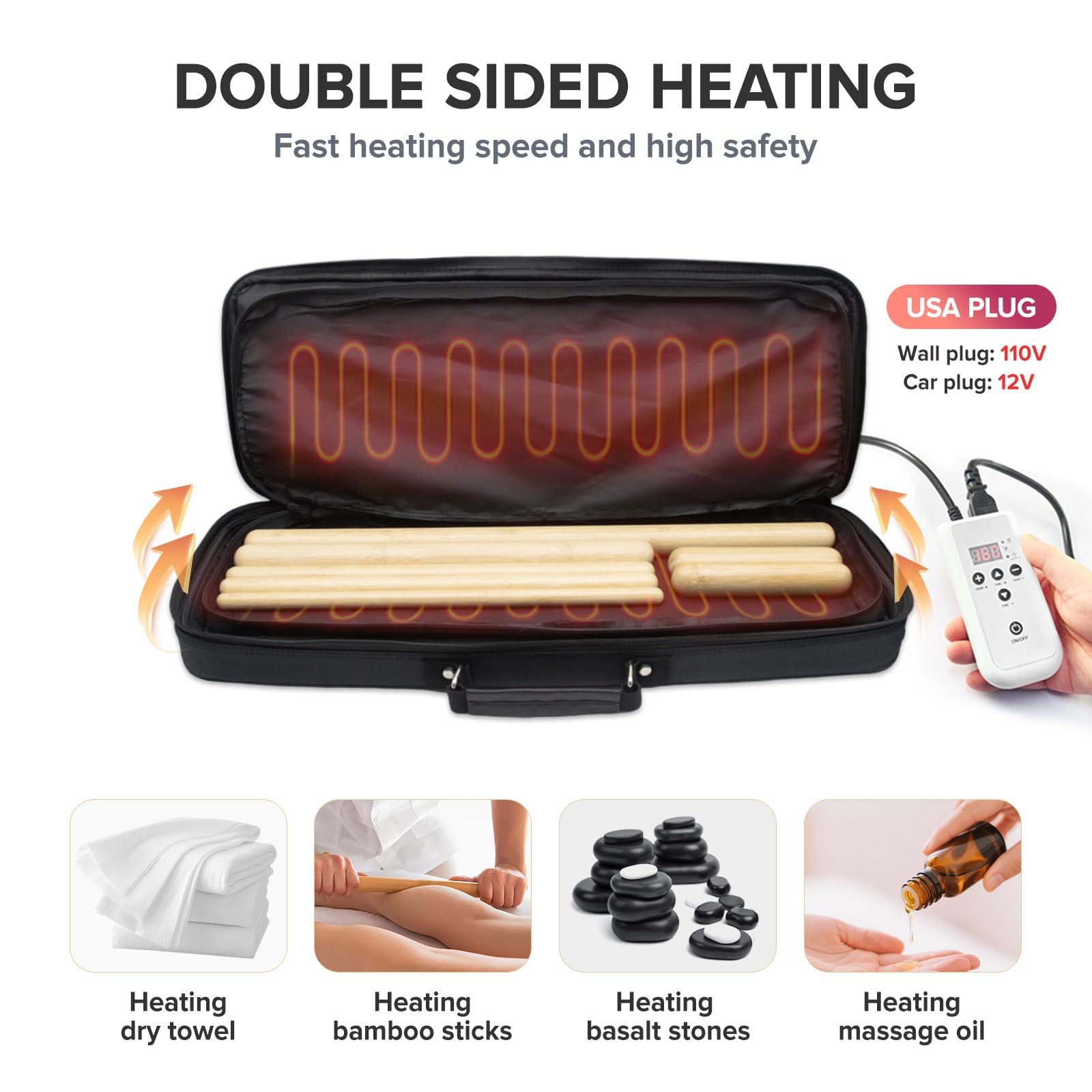 Goodtar Goodtar Hot Bamboo Massage Kit - Portable Massage Stone Warmer Bamboo Massage and Rocks w/Digital Temp Controller, Car Adapter (Duble-Sided Heating Black)