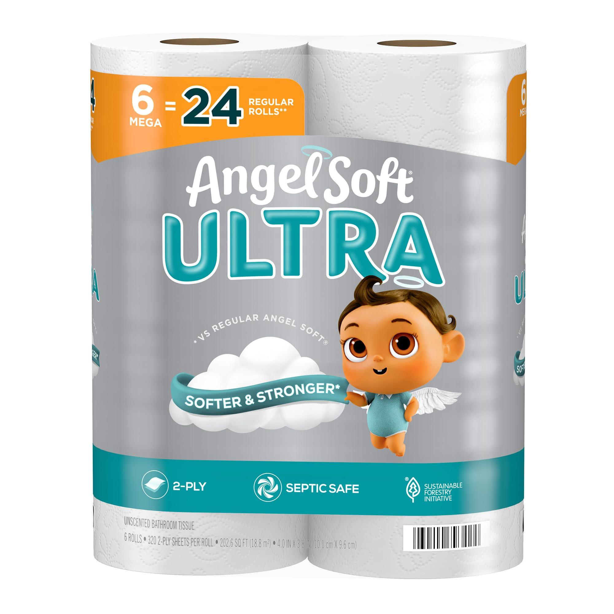 Angel Soft Angel Soft Ultra Toilet Paper, 6 Mega Rolls = 24 Regular Rolls, 2 Ply Toilet Tissue