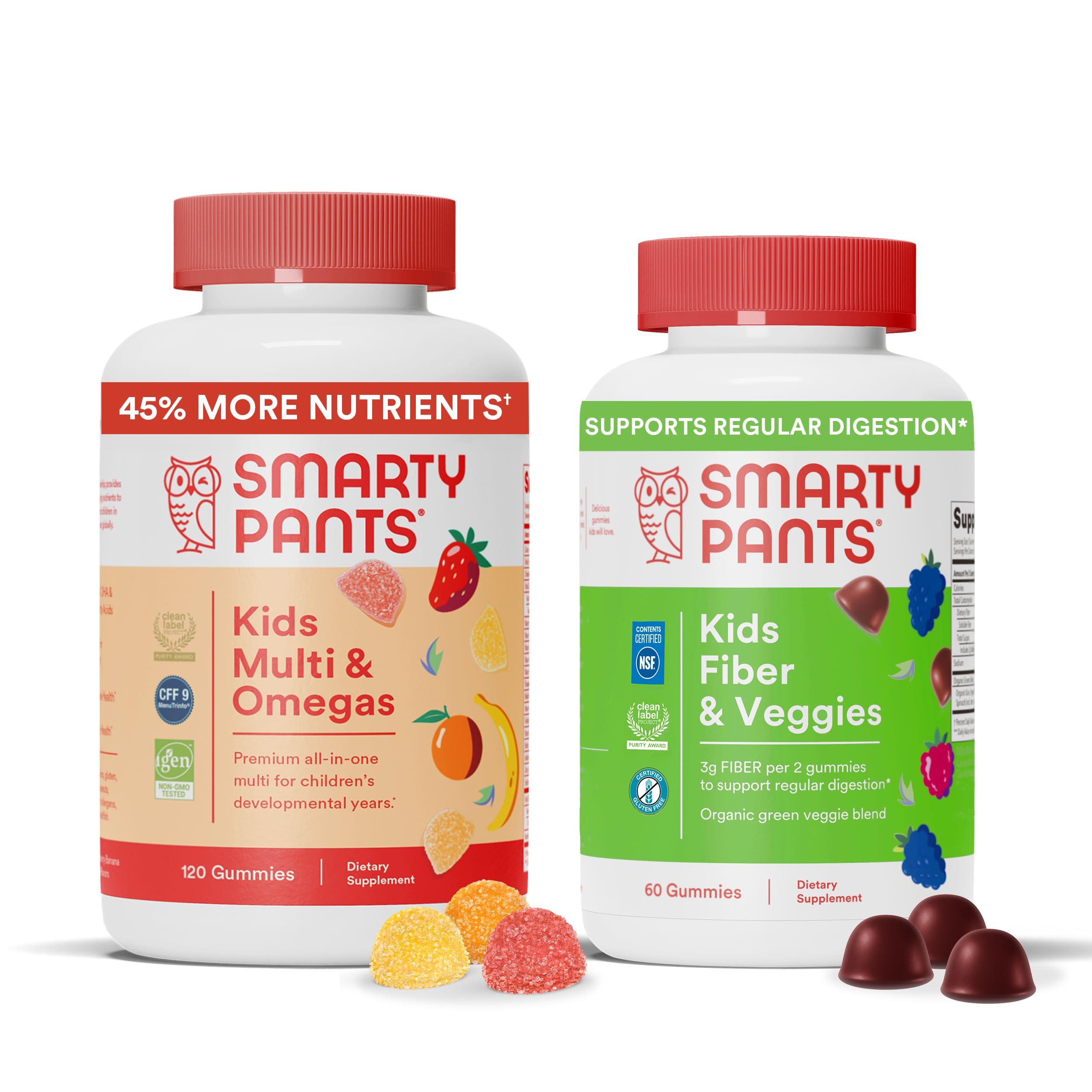 SmartyPants SmartyPants Kids Multivitamin + Fiber & Veggie Bundle: Omega 3 Fish Oil, Prebiotic Fiber, Gluten-Free, Three Fruit & Mixed Berry Flavors, Multi & Omegas (120 Count) + Fiber & Veggies (60 Count)