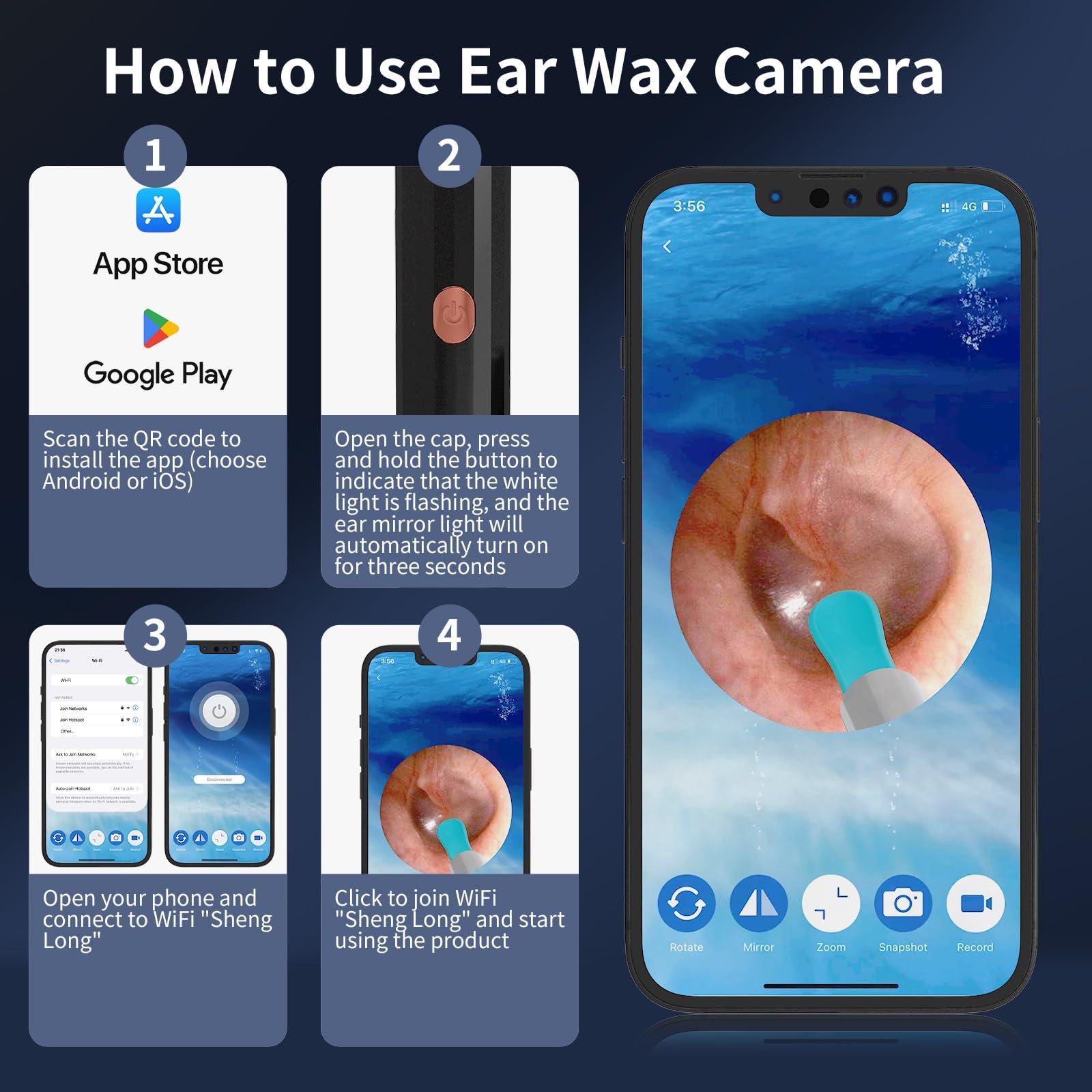 Docbraces Docbraces Ear Wax Removal,Ear Cleaner Tool with Ear Camera and Light,Earwax Removal kit with 4 Ear Pick,1080P Ear Camera Smart Visual Cleaning Kit for iOS&Android (Black)