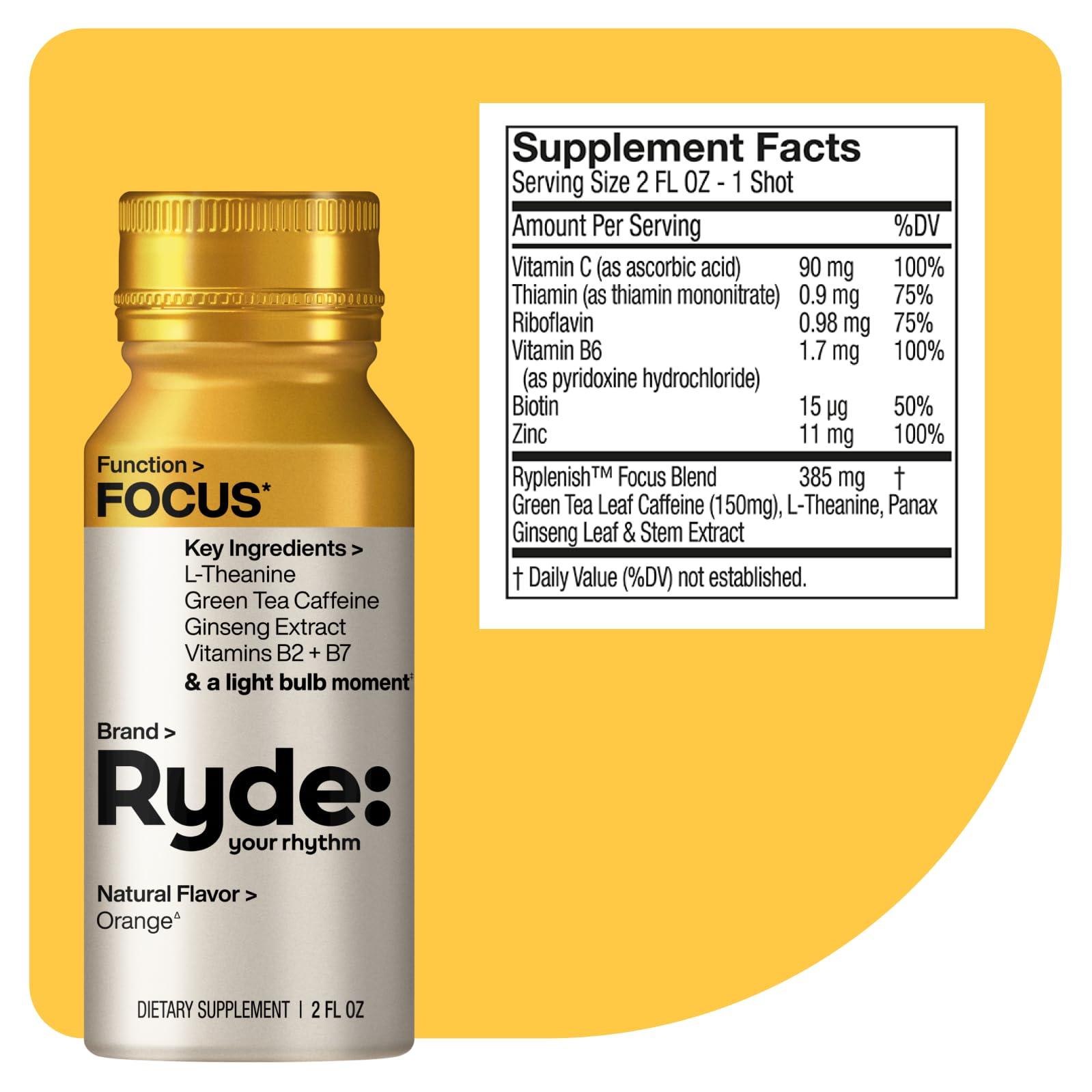 RYDE Ryde: Focus Shot | Orange Flavor | L-Theanine & Ginseng | Green Tea Caffeine | Vitamins B2 & B7 | 0 Calories, 0 Sugar | 2 FL OZ Shots | Supports Focus* (8 Pack)