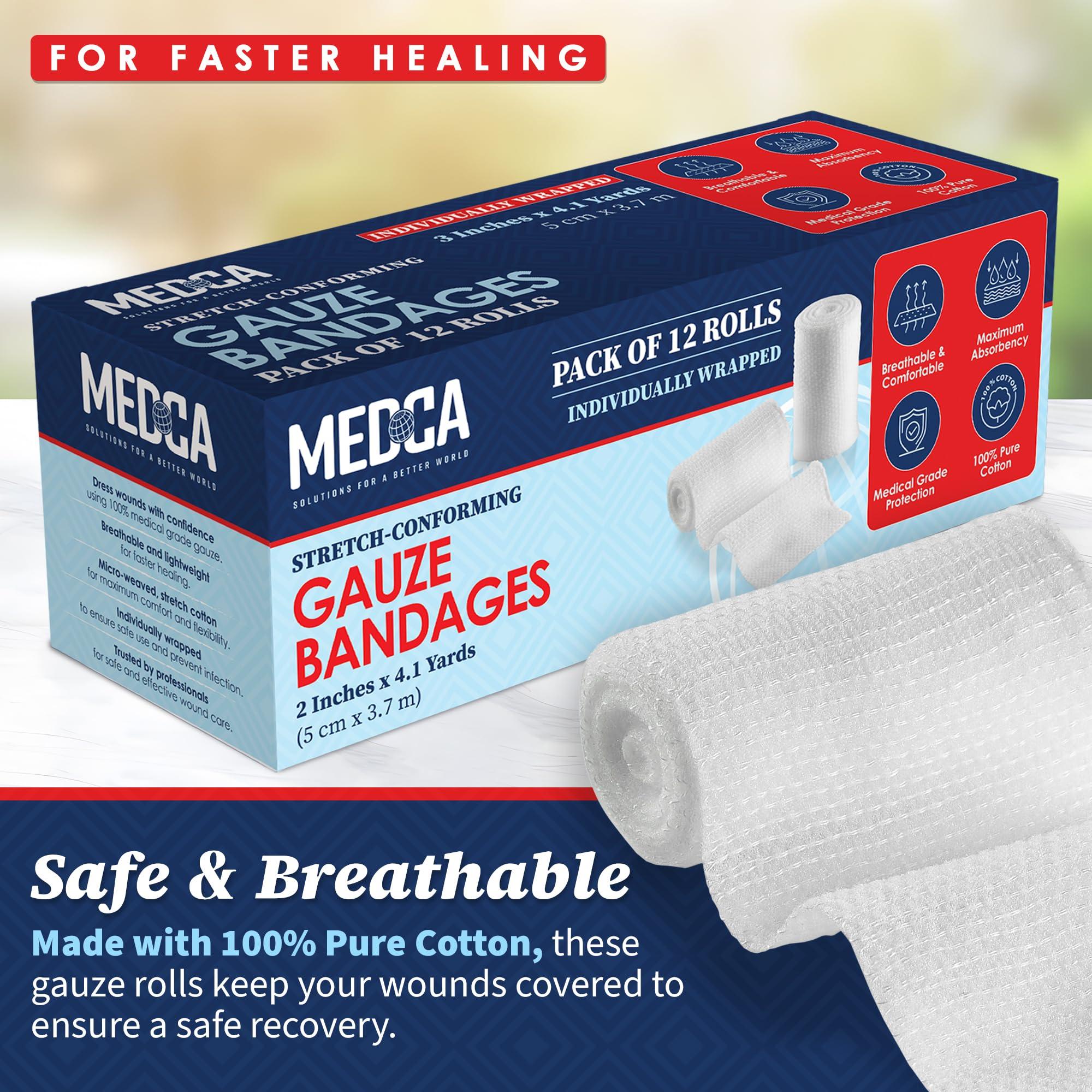 MEDca Gauze Bandage Rolls - (12 Pack) 2 in x 4.1 Yards Per Roll of Medical Grade Gauze Bandage and Stretch Bandage Wrapping for Dressing All Types of Wounds and First Aid Kit by MEDca, (2-Inch, 12 Pcs)